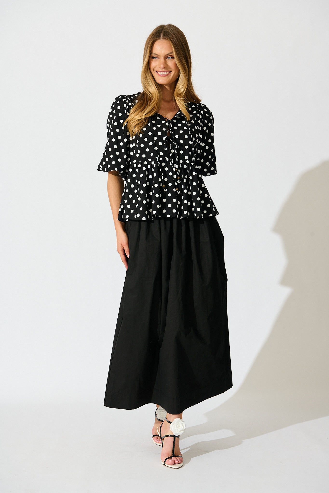 In the Spotlight Tie Front Top in Black with White Polka Dot