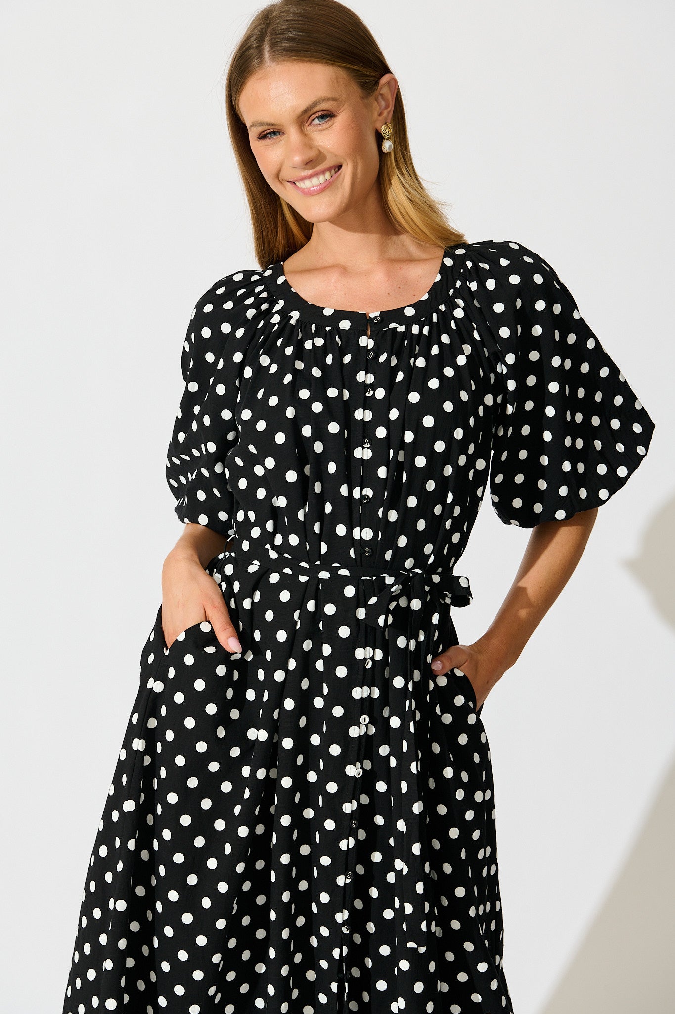 Parisian Dot Midi Dress in Black with White Polka Dot