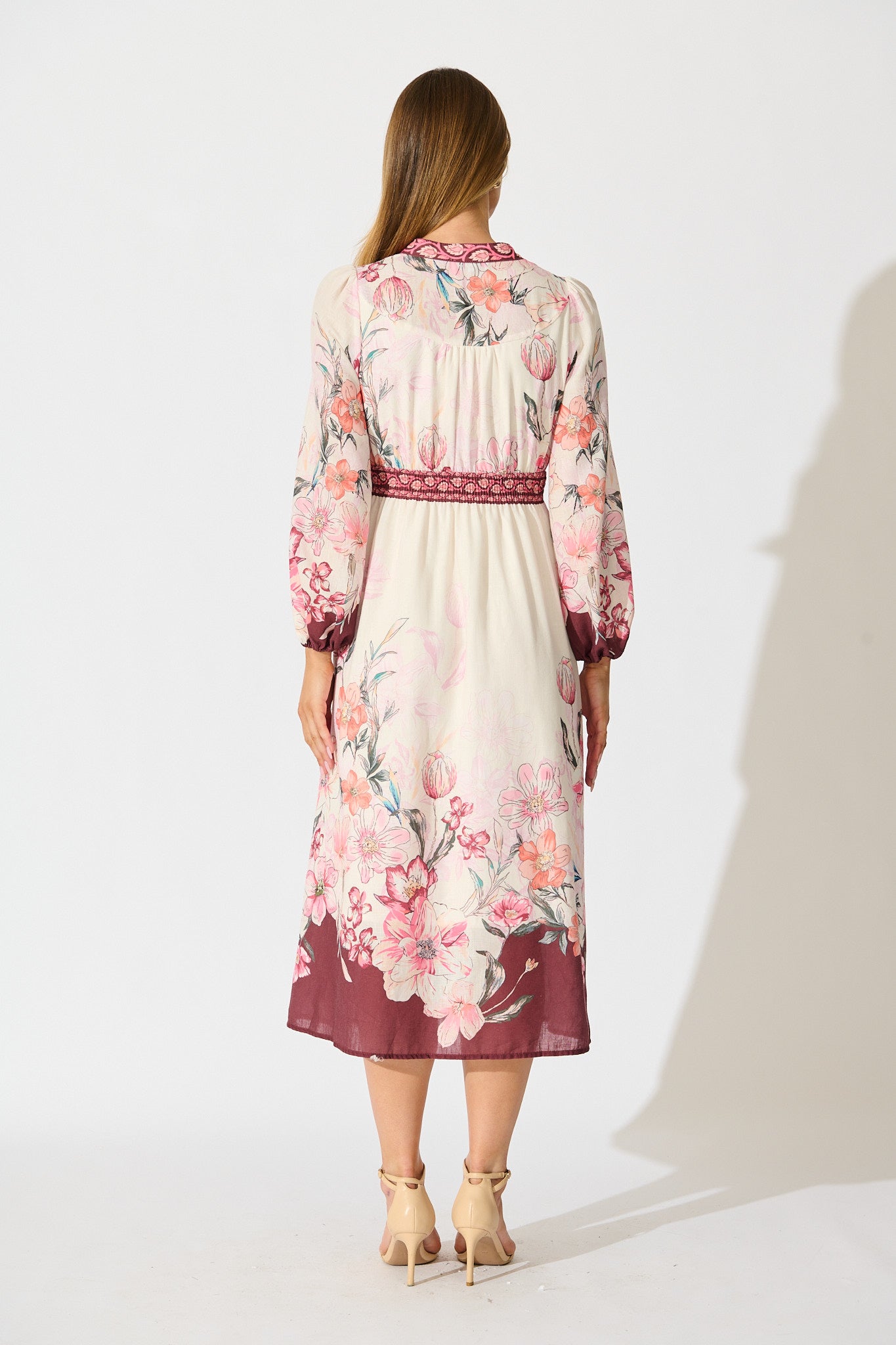 Cabernet Bloom Midi Dress in Wine Floral Linen Blend