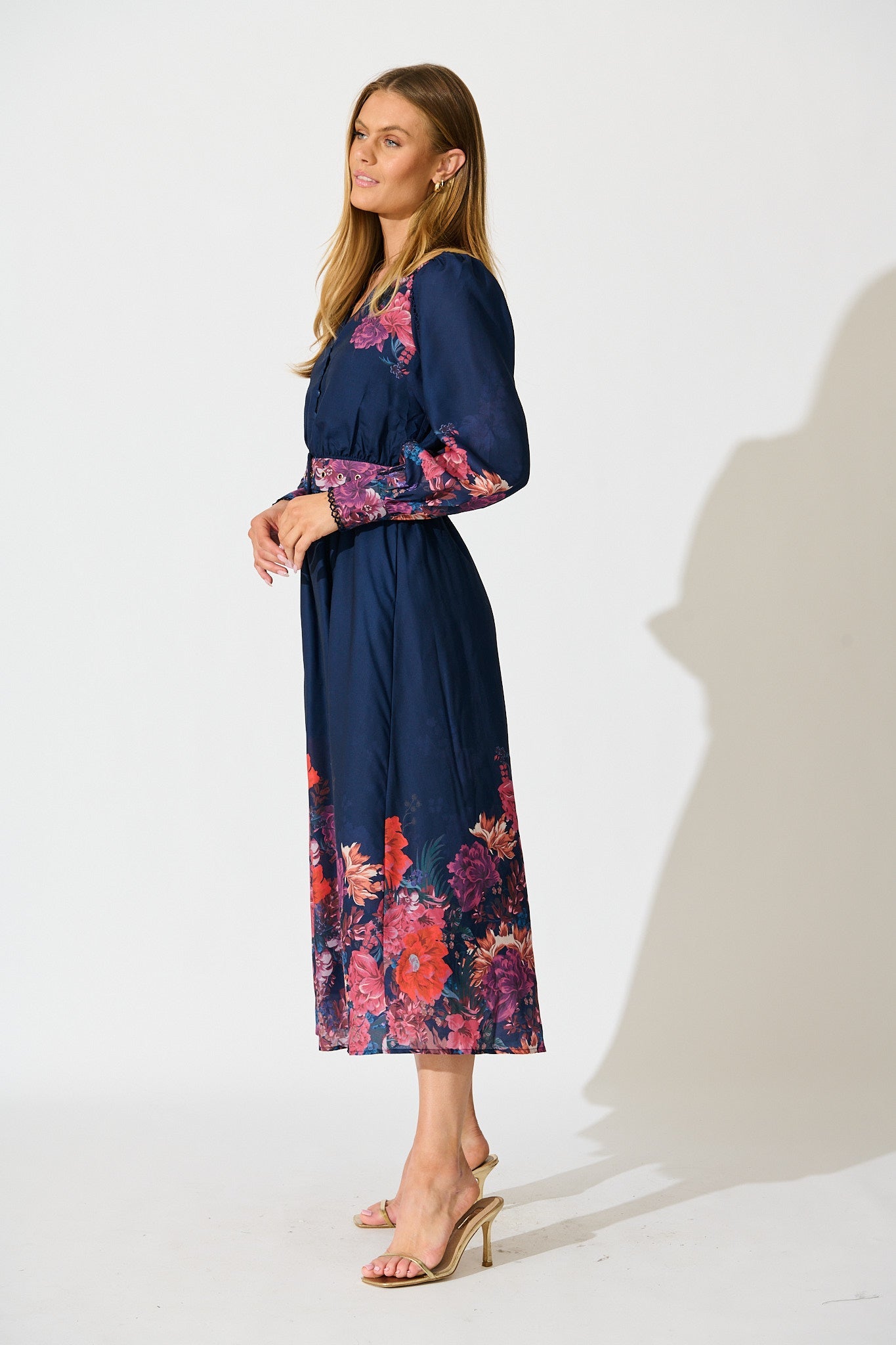 Orchid Trace Midi Dress in Navy Floral Cotton Blend
