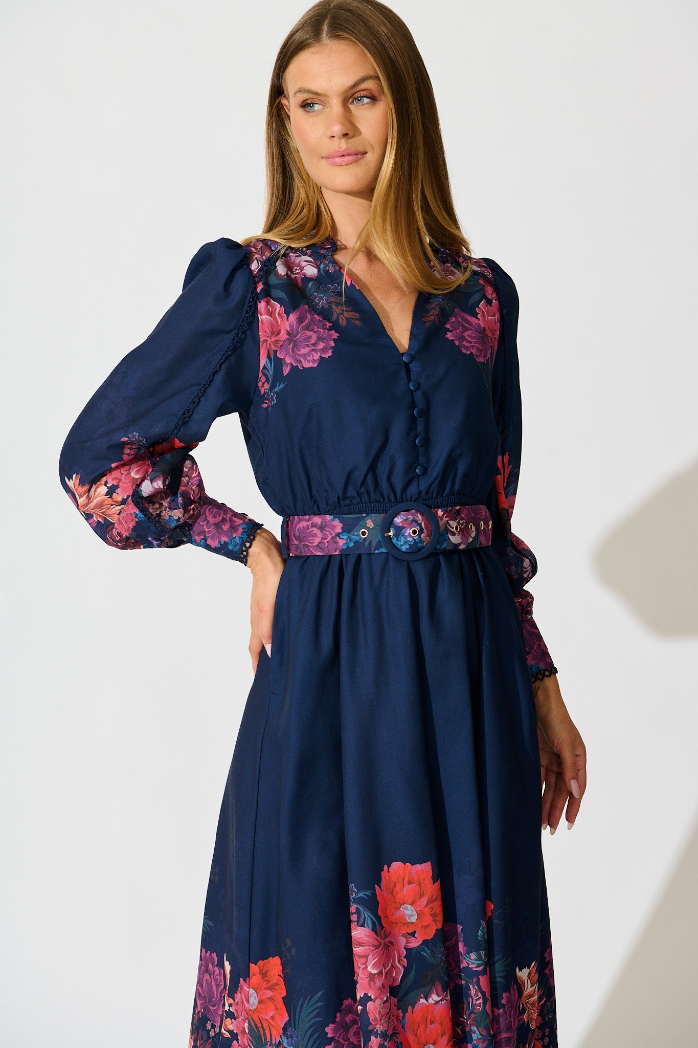 Orchid Trace Midi Dress in Navy Floral Cotton Blend