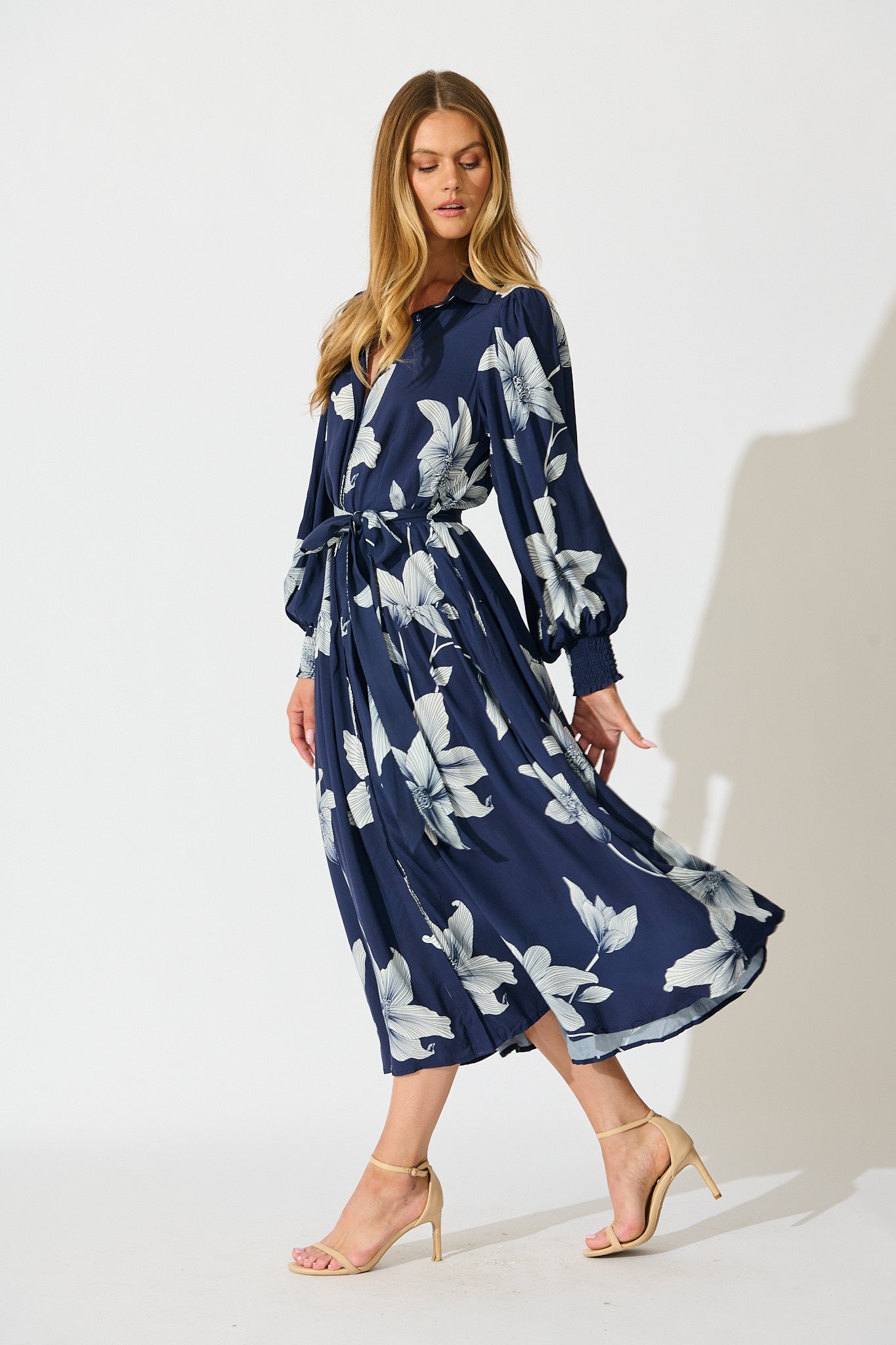 Eden Mist Midi Shirt Dress in Navy with White Floral Print