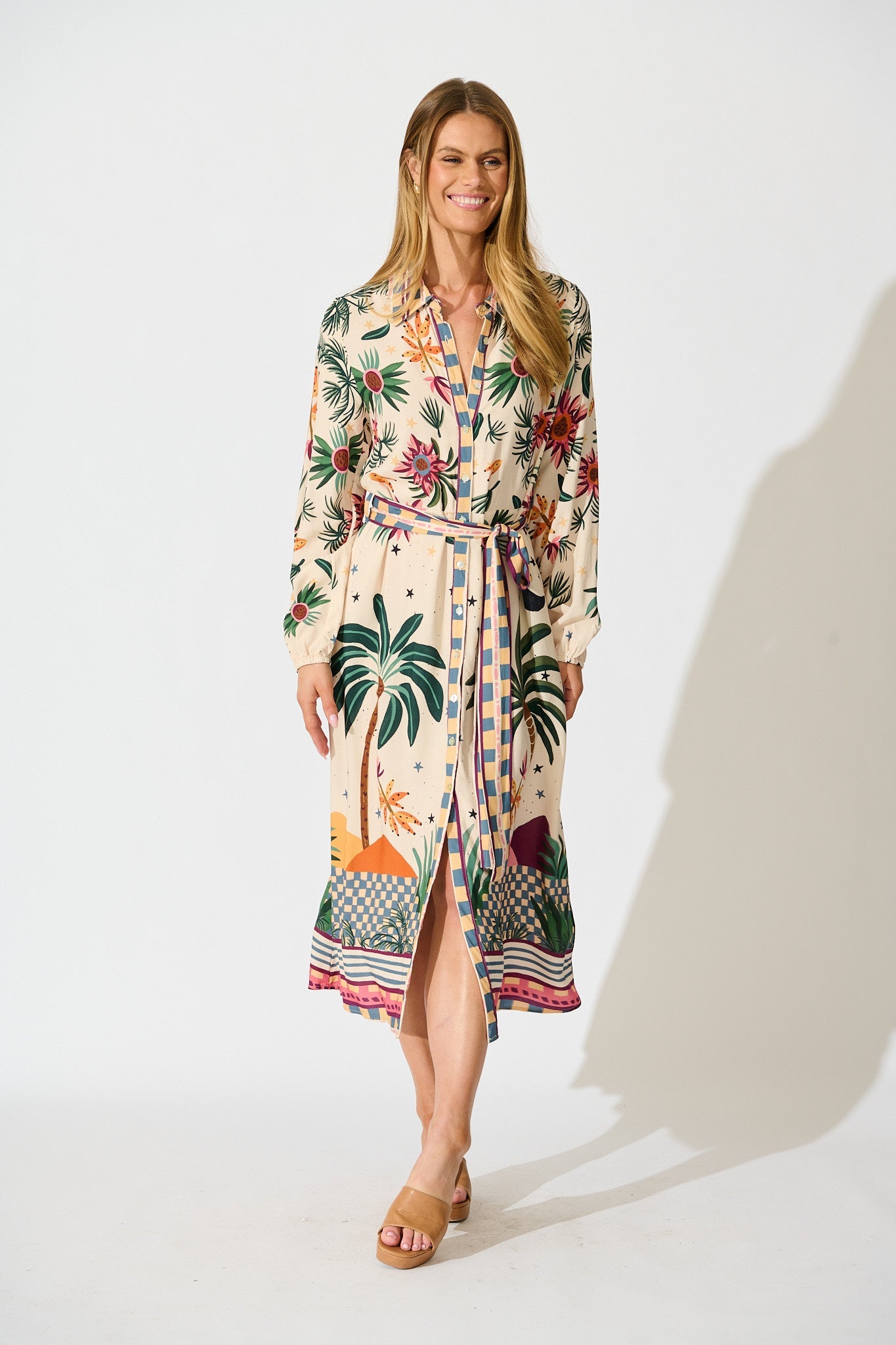 Palm Parade Midi Shirt Dress in Cream Multi Print