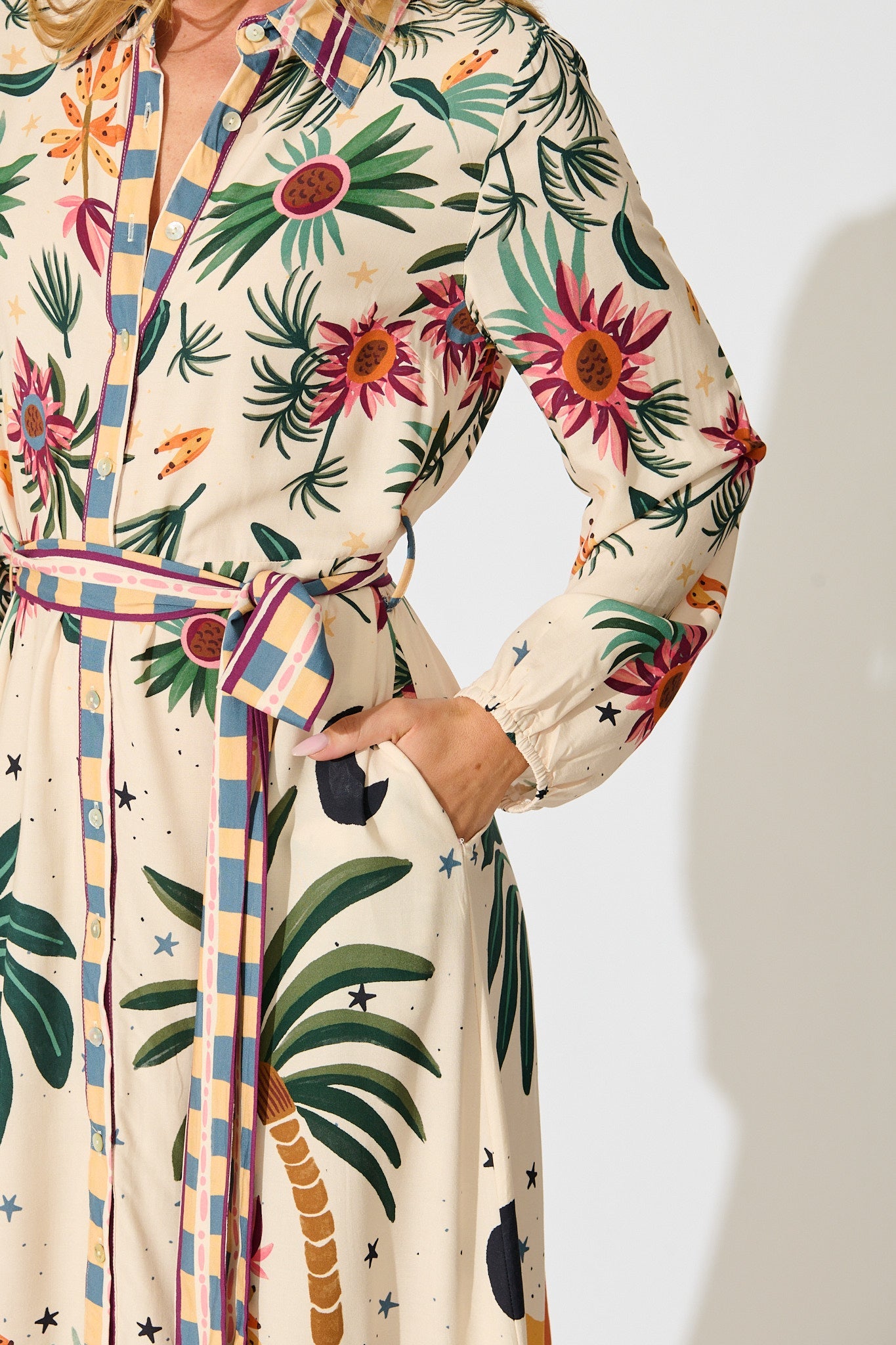 Palm Parade Midi Shirt Dress in Cream Multi Print