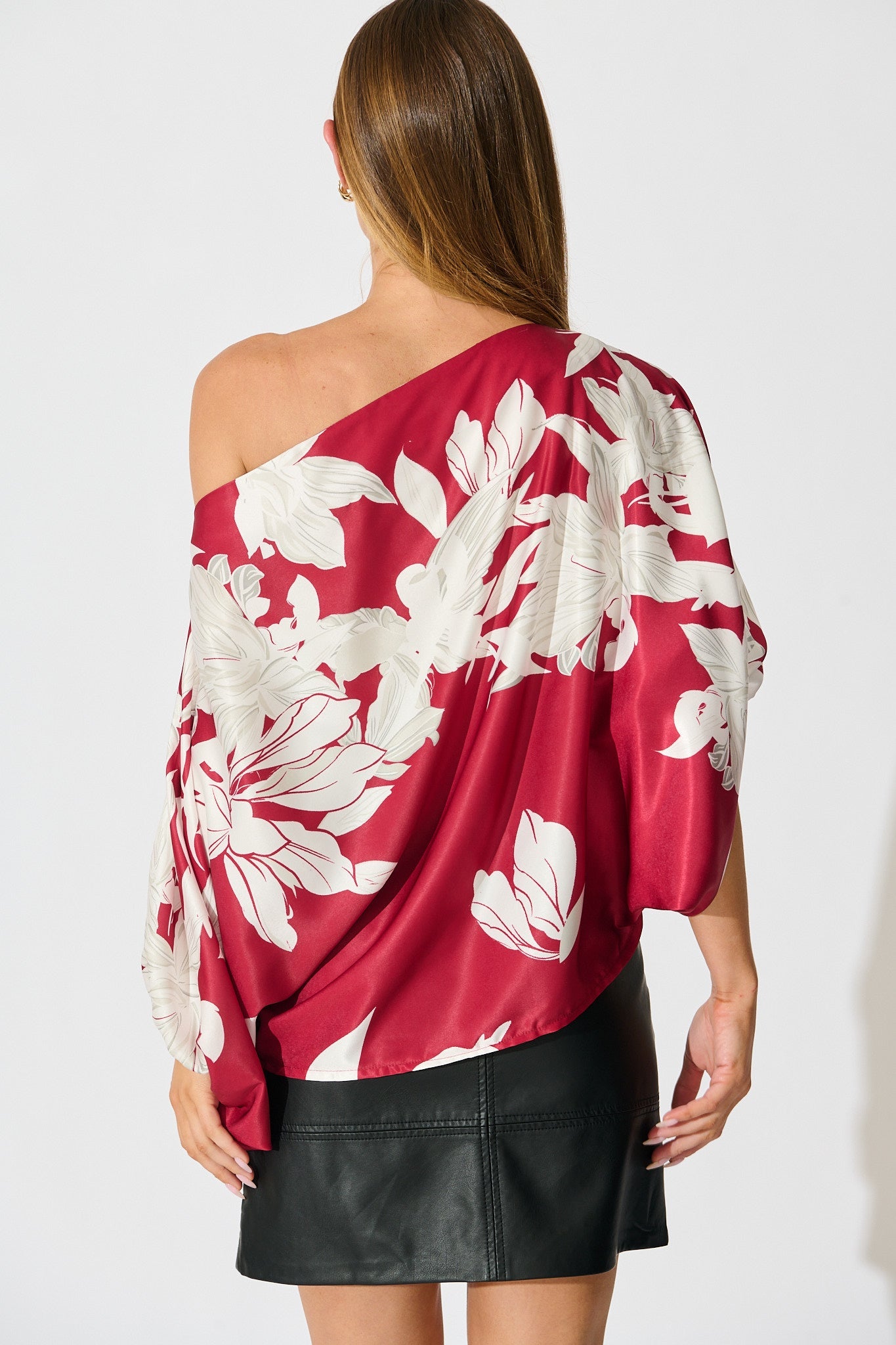 Darcy Off Shoulder Top in Red with White Floral Print Satin