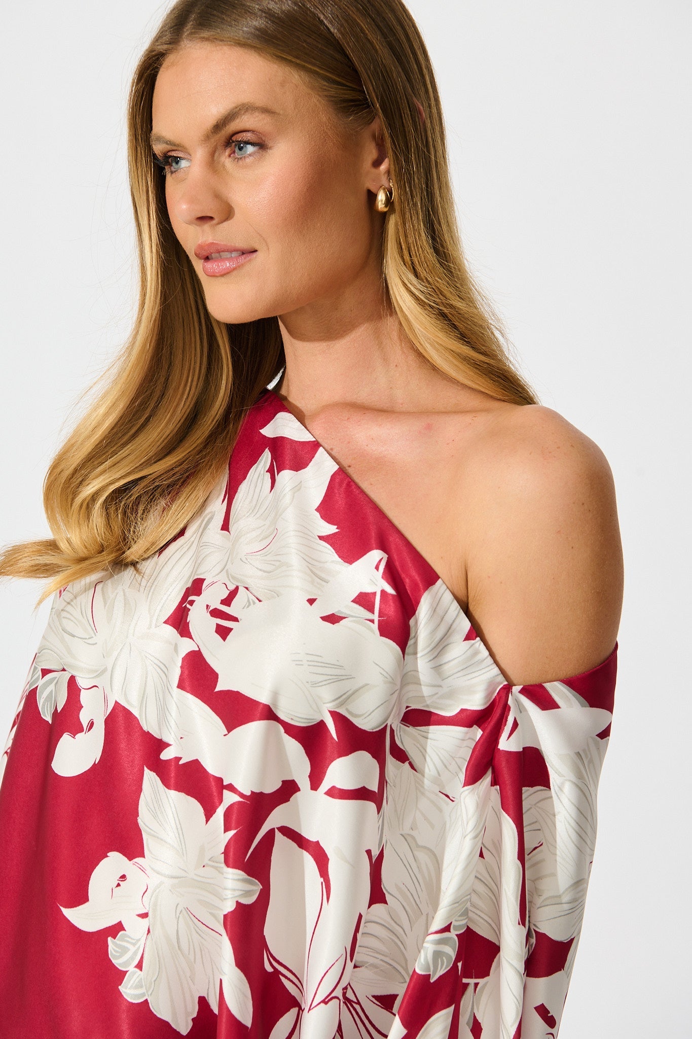 Darcy Off Shoulder Top in Red with White Floral Print Satin
