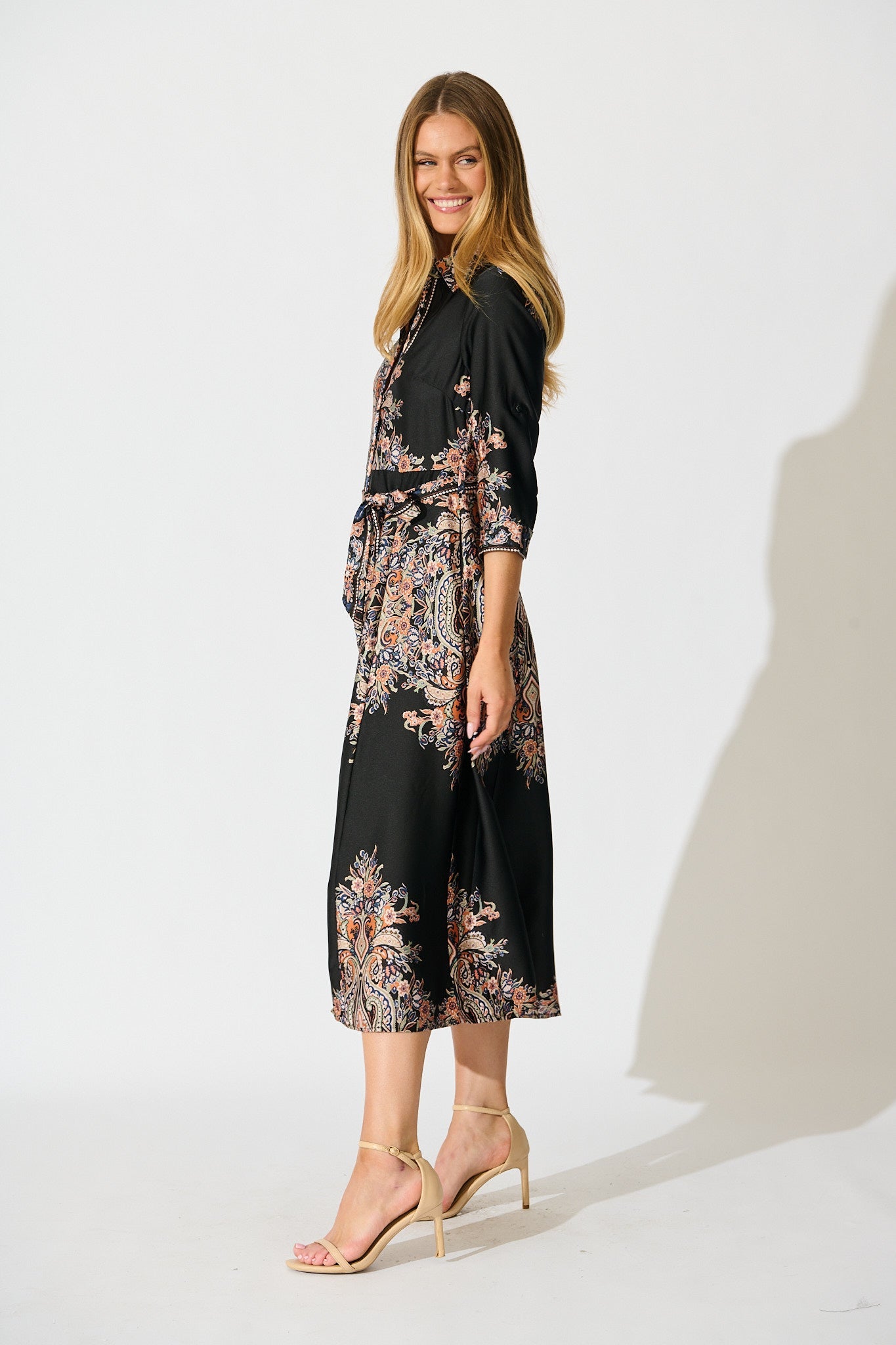PRE ORDER Alvana Midi Shirt Dress in Black and Multi Print Satin