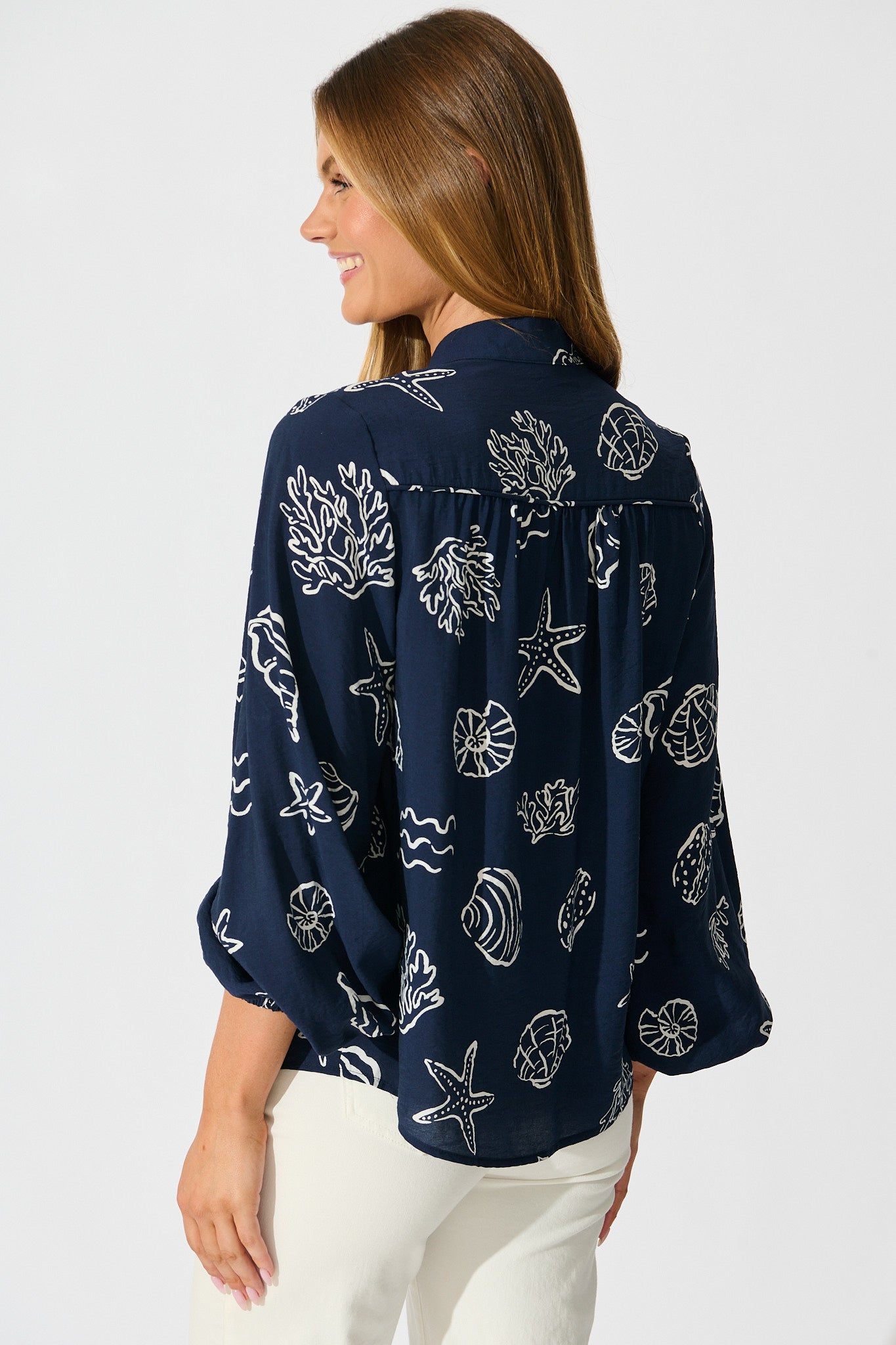 Oceans Embrace Top in Navy with White Shell Print
