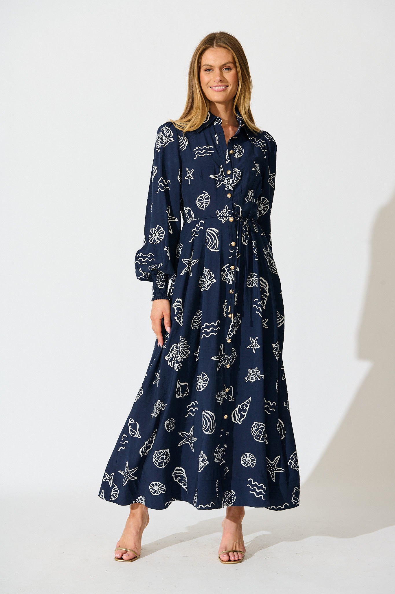 Celestial Reef Maxi Shirt Dress in Navy with White Shell Print