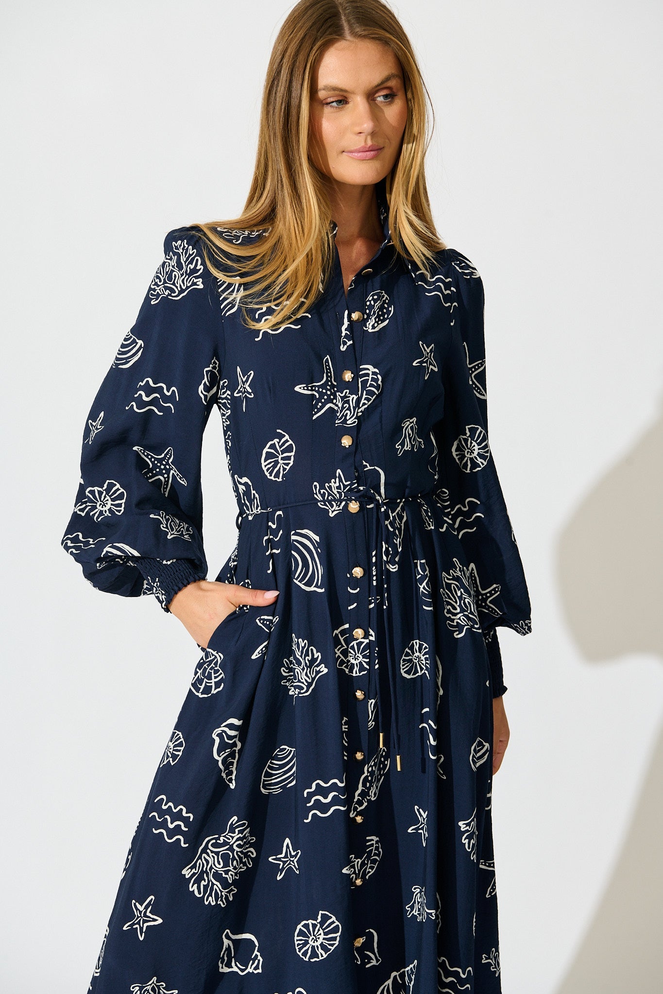 Celestial Reef Maxi Shirt Dress in Navy with White Shell Print