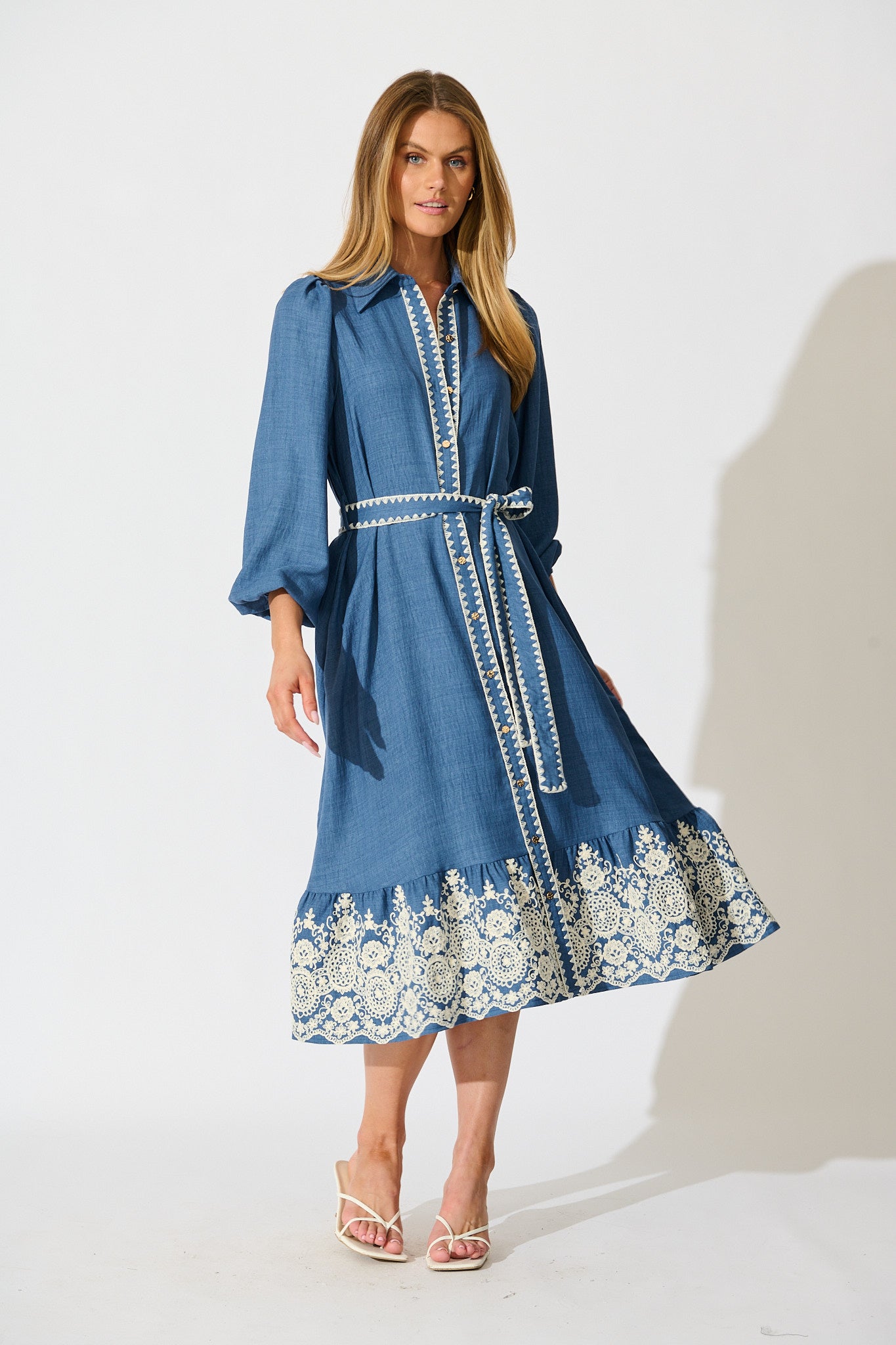Whisper Midi Shirt Dress in Blue Chambray Embroidery