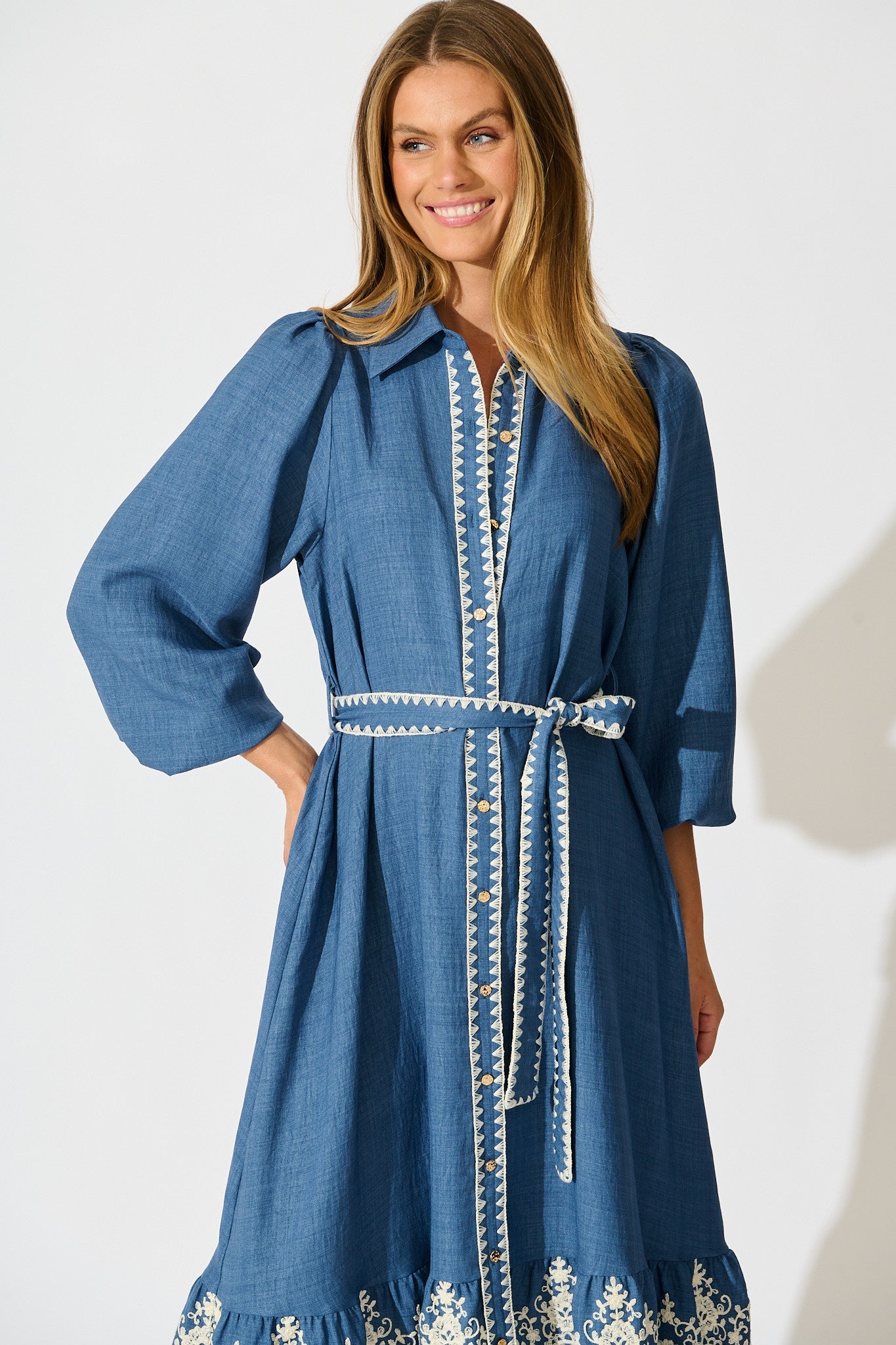 Whisper Midi Shirt Dress in Blue Chambray Embroidery
