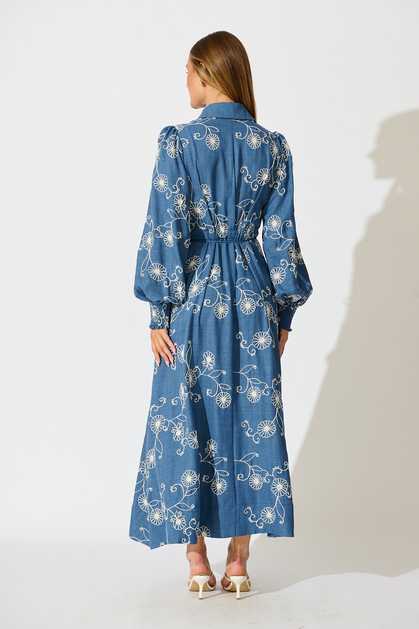 Thread and Soul Maxi Shirt Dress in Blue Chambray Embroidery
