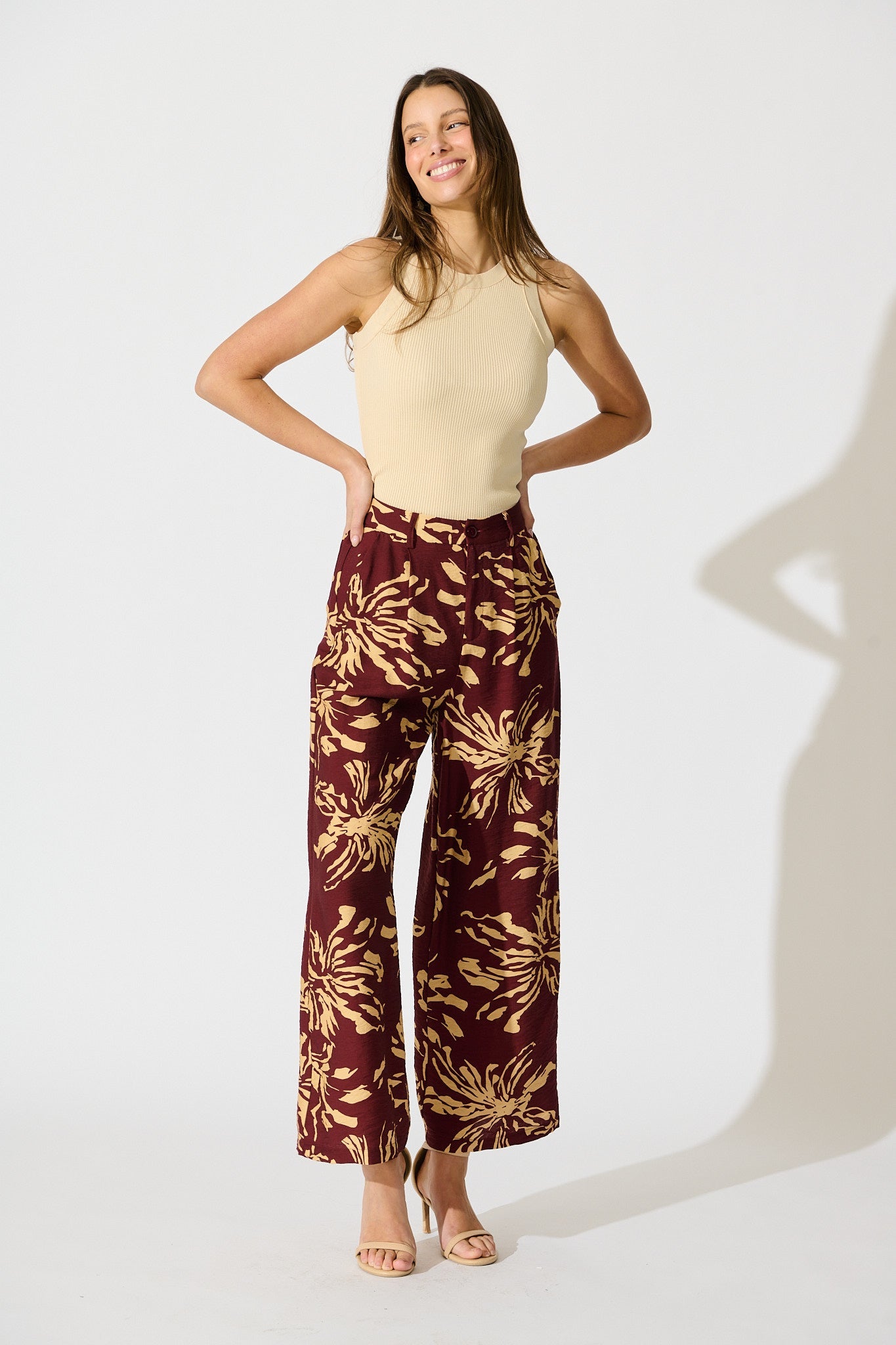 Linear Bloom Pant in Wine with Cream Print