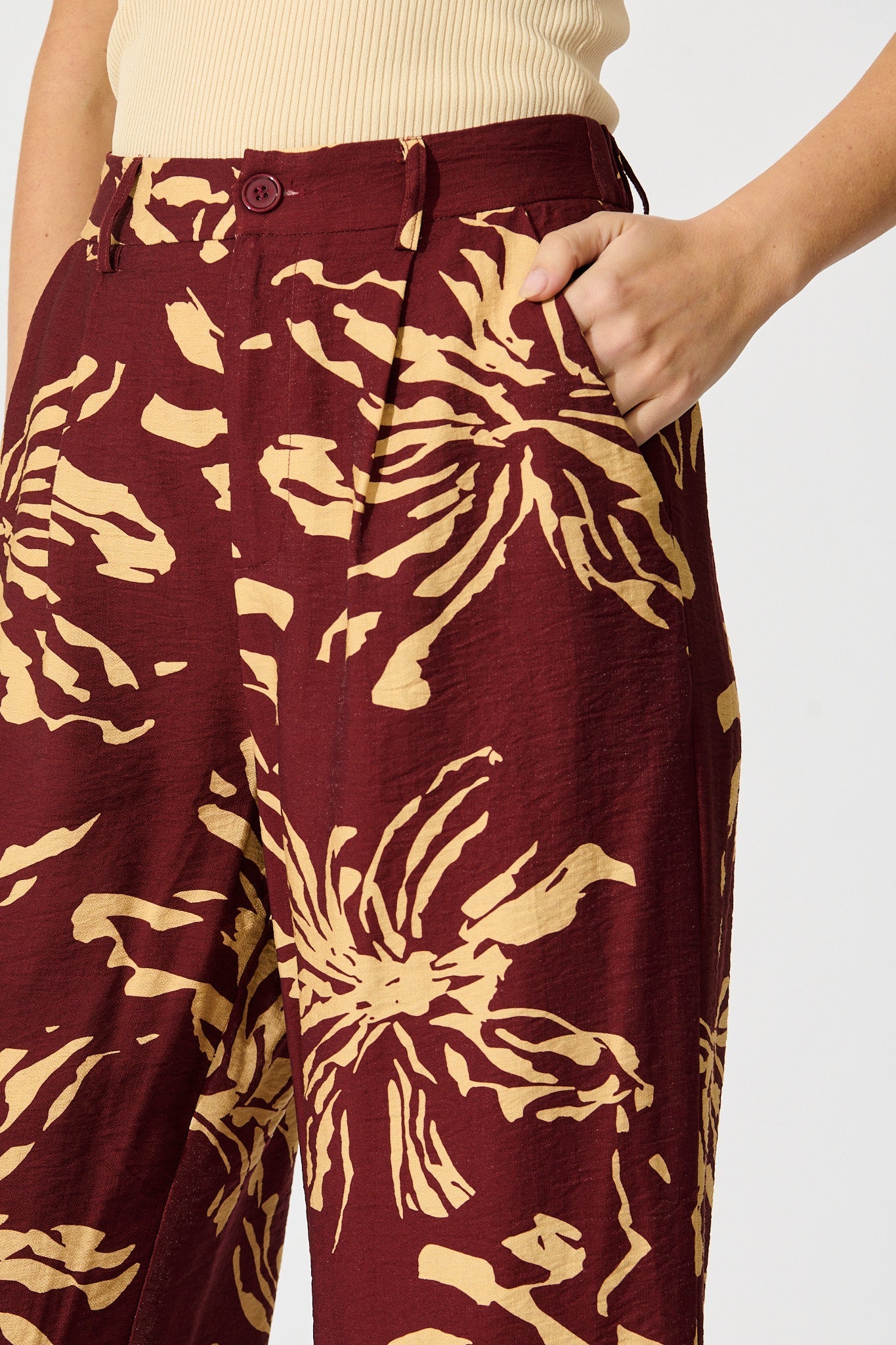 Linear Bloom Pant in Wine with Cream Print