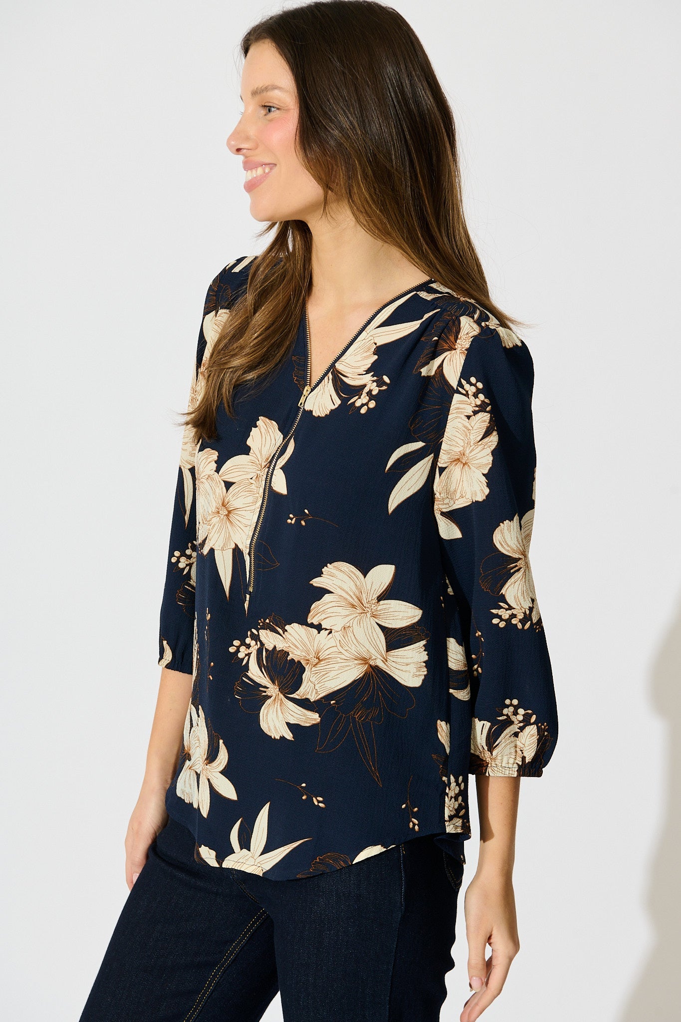 Viviani Zip Top in Navy with Cream Floral