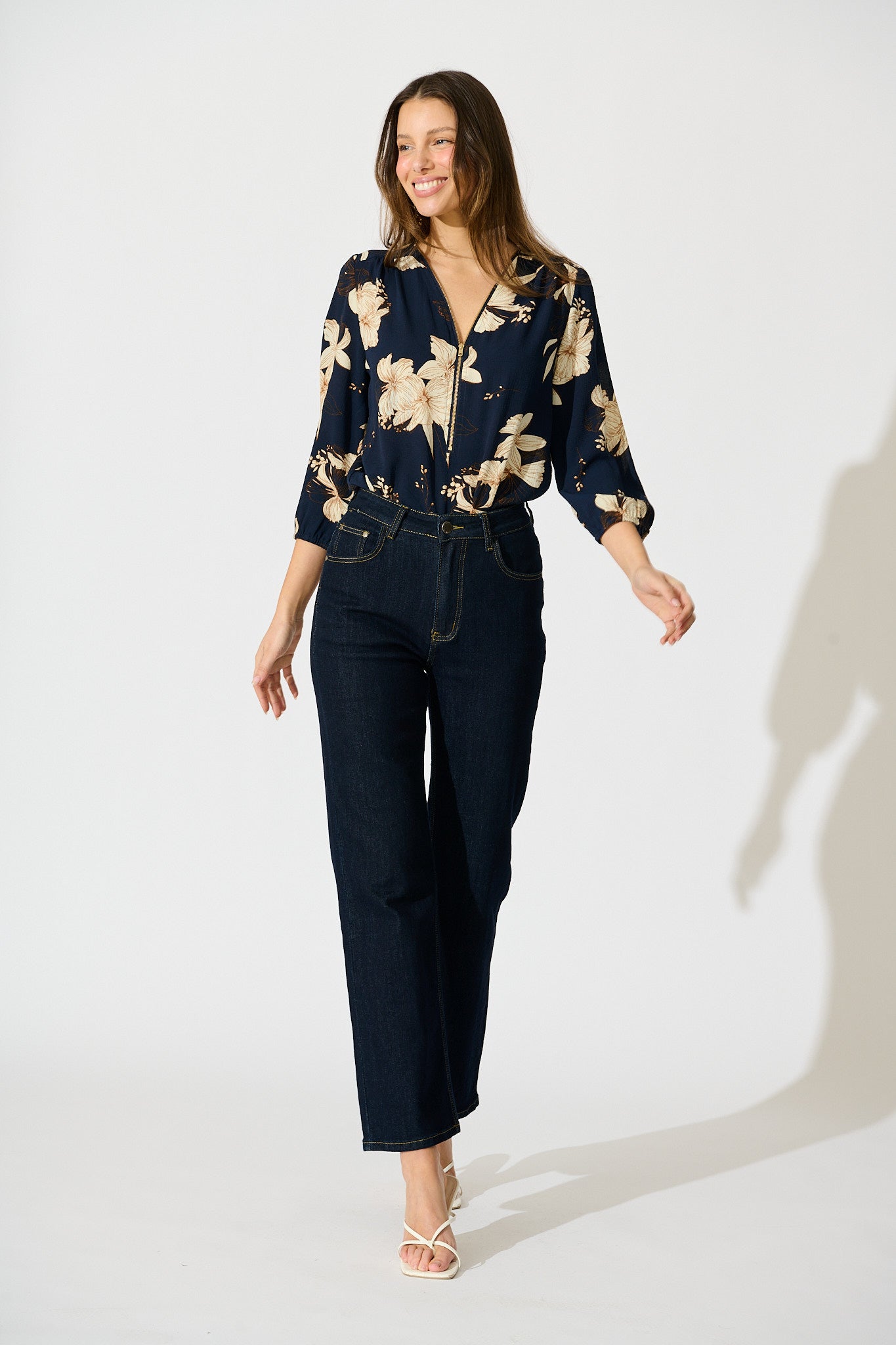 Viviani Zip Top in Navy with Cream Floral