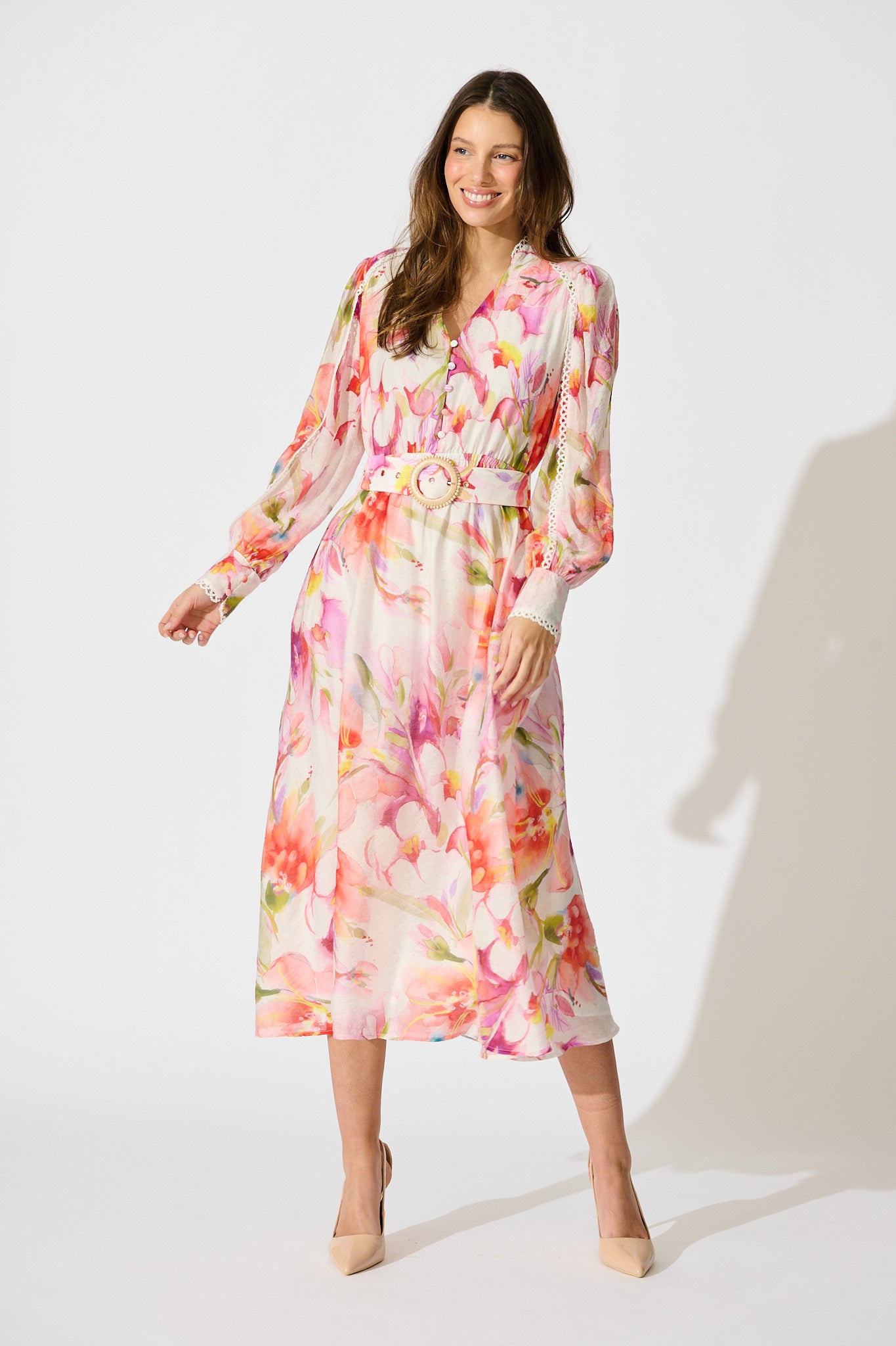 Petal Script Maxi Dress in White with Multi Floral