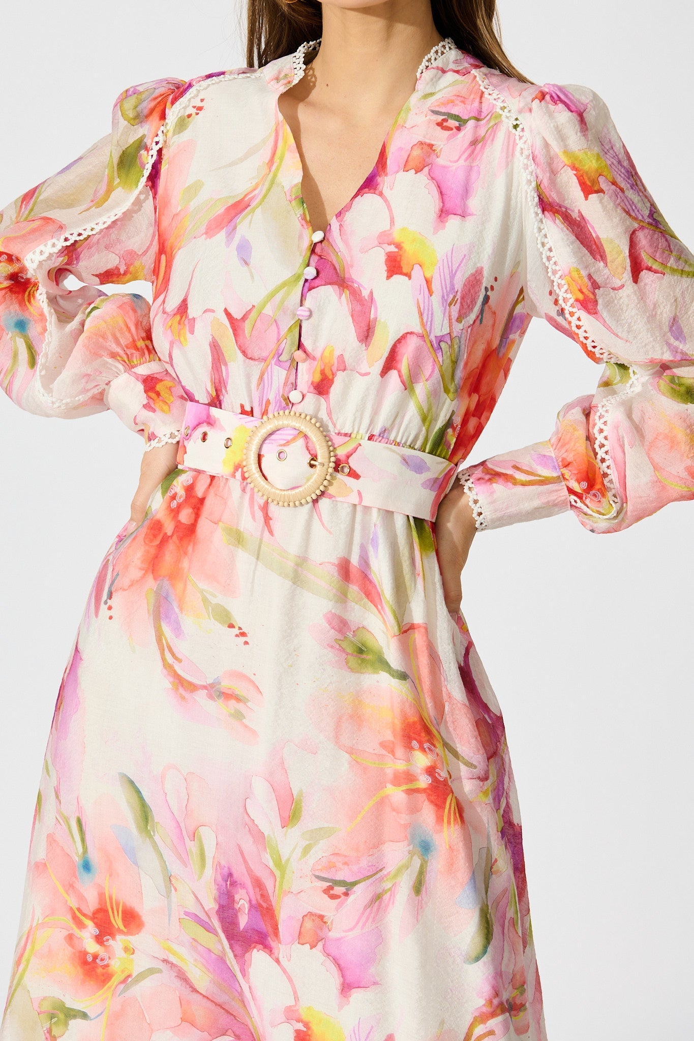 Petal Script Maxi Dress in White with Multi Floral