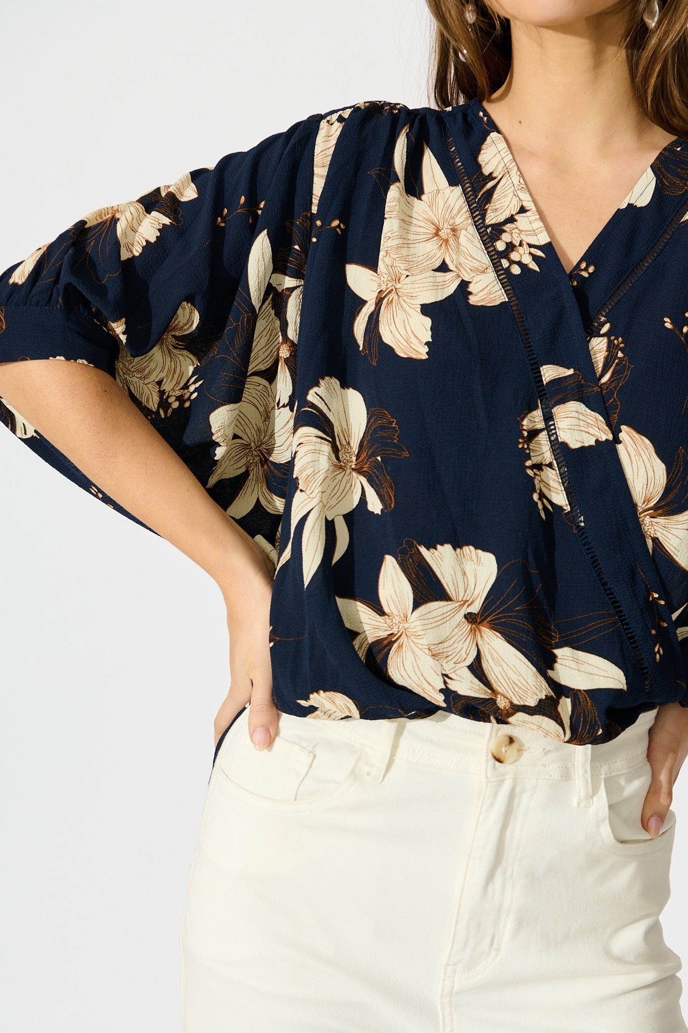 Marliboo Mock Wrap Top in Navy with Cream Floral