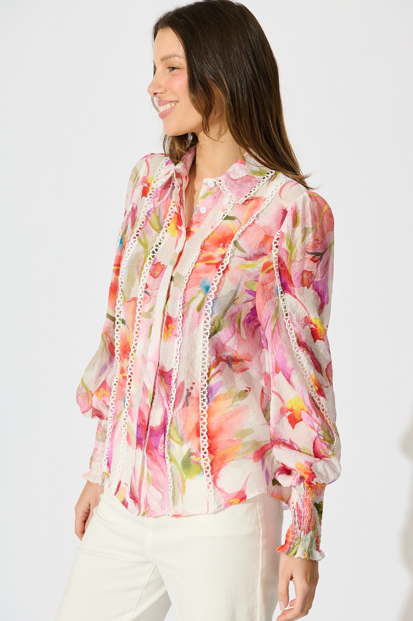 Wisteria Whisper Shirt in White with Multi Floral