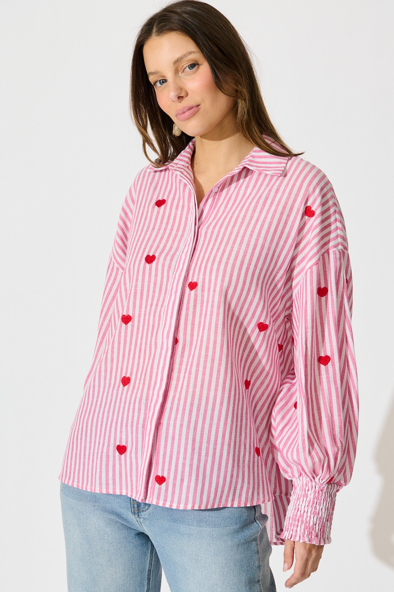 Hearts Desire Shirt in Pink Stripe and Heart Embroidered