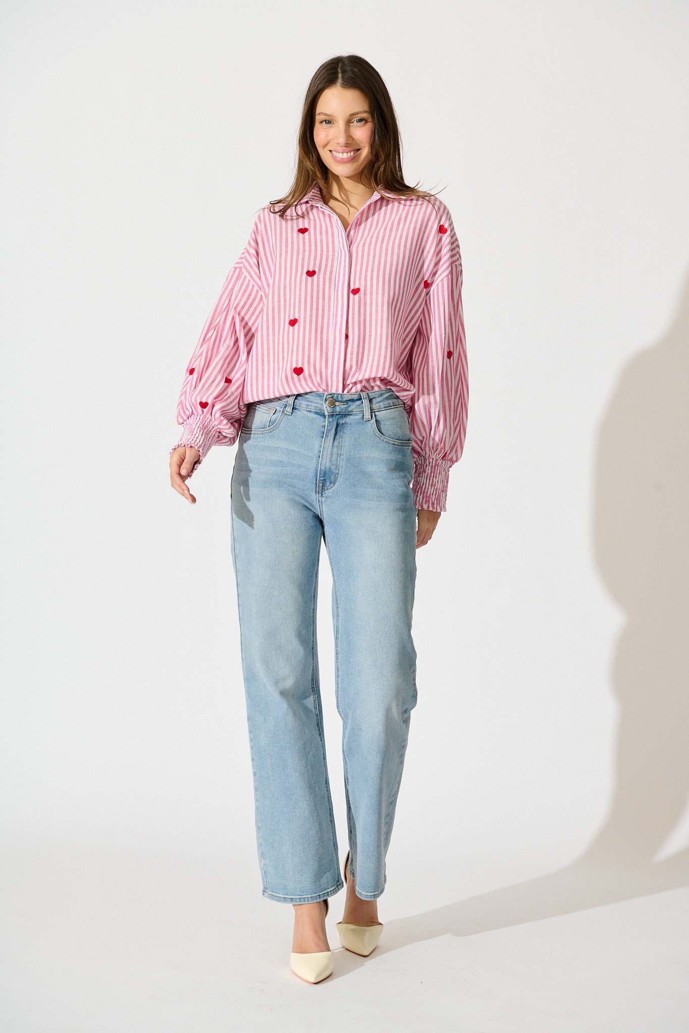 Hearts Desire Shirt in Pink Stripe and Heart Embroidered