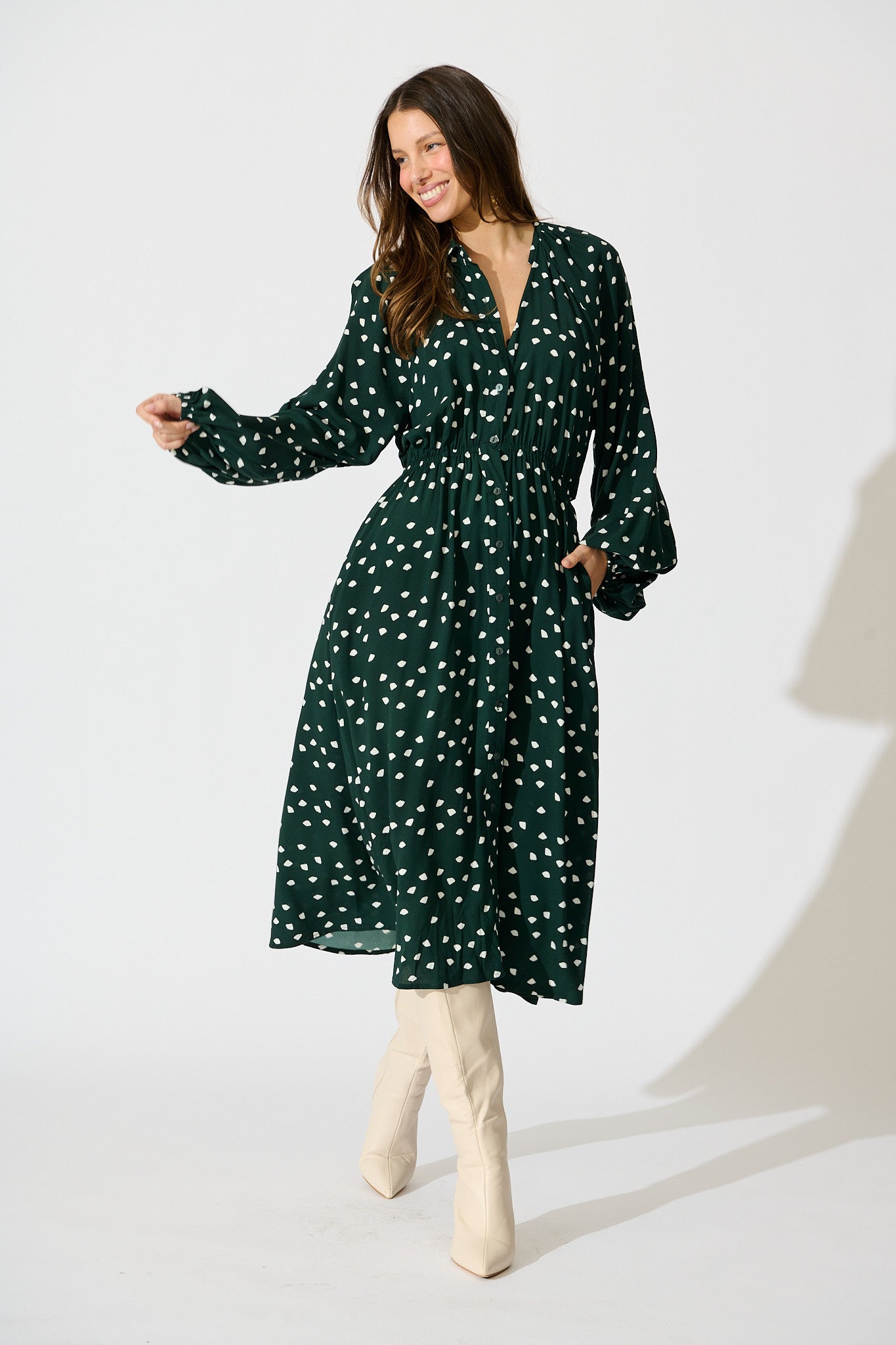 Meadowfall Midi Shirt Dress in Emerald with White Speckle