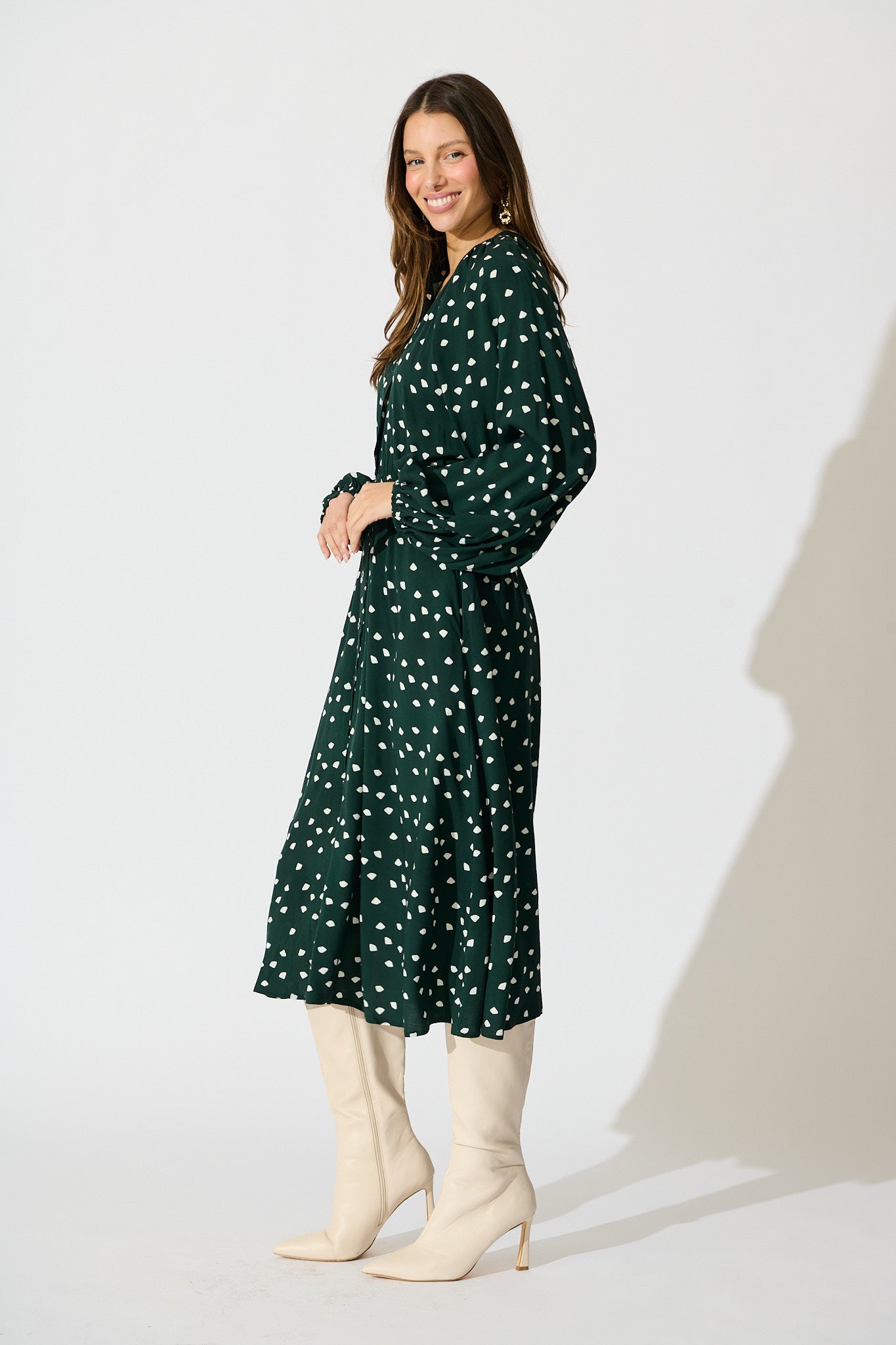 Meadowfall Midi Shirt Dress in Emerald with White Speckle