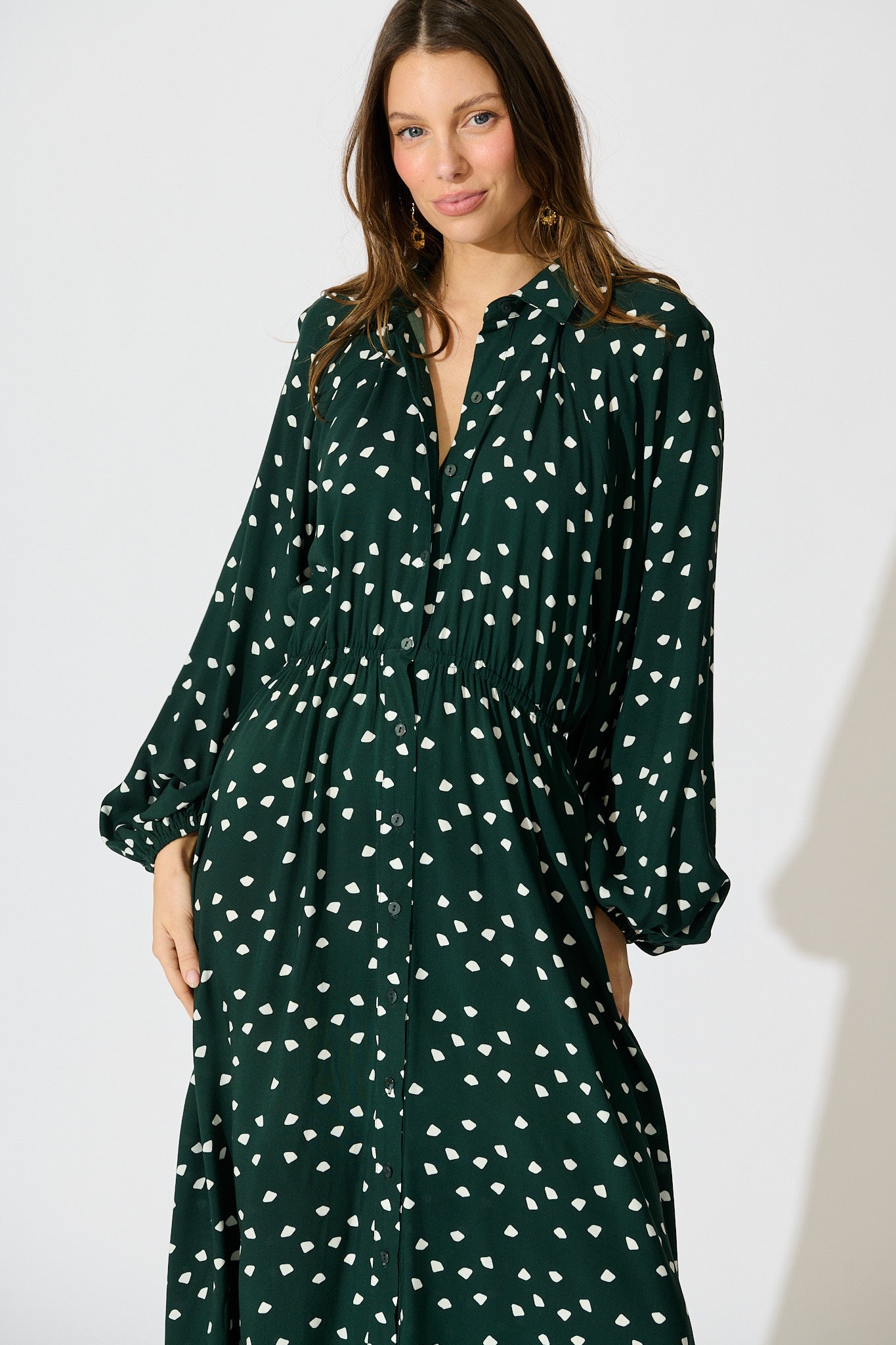 Meadowfall Midi Shirt Dress in Emerald with White Speckle