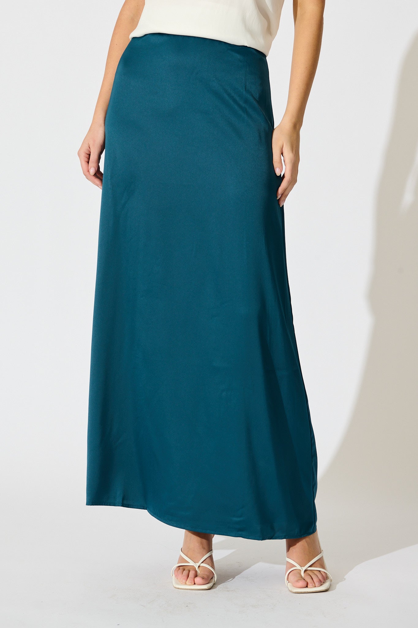 Shine Supreme Maxi Skirt in Teal Satin
