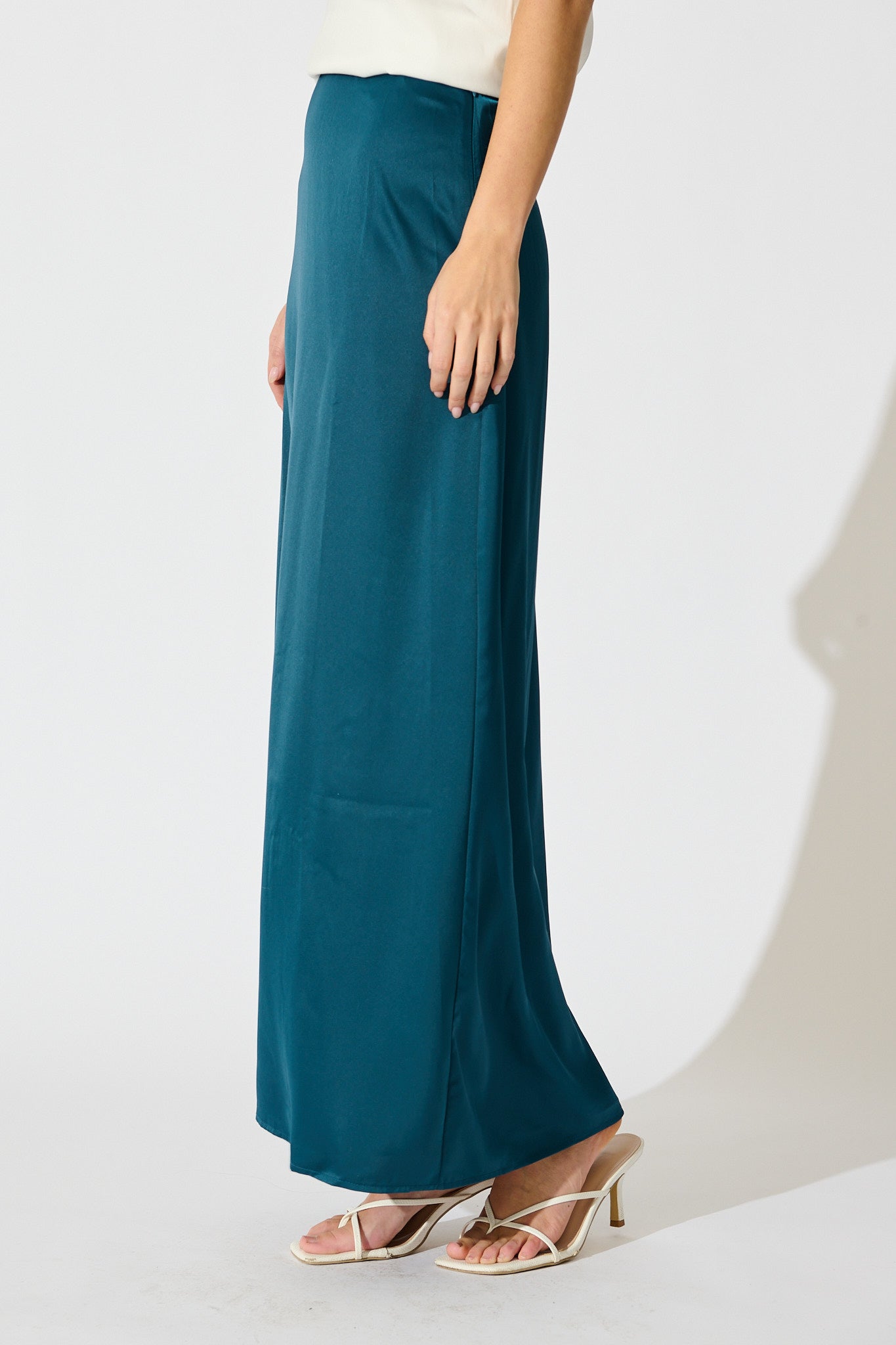 Shine Supreme Maxi Skirt in Teal Satin