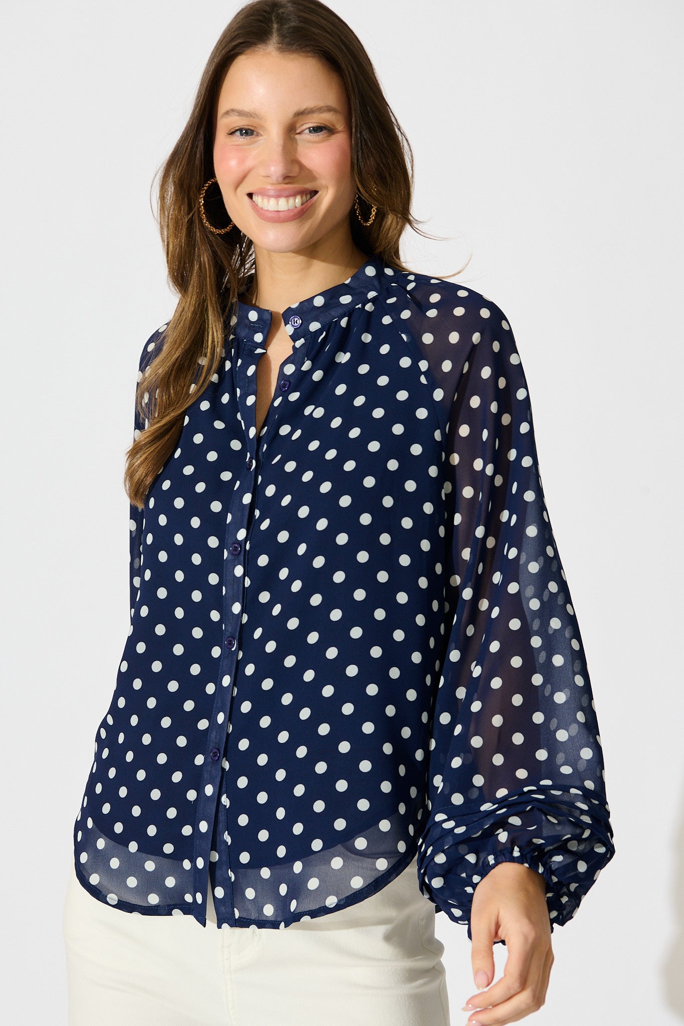 Dotty Days Top in Navy with White Polka Dot Chiffon
