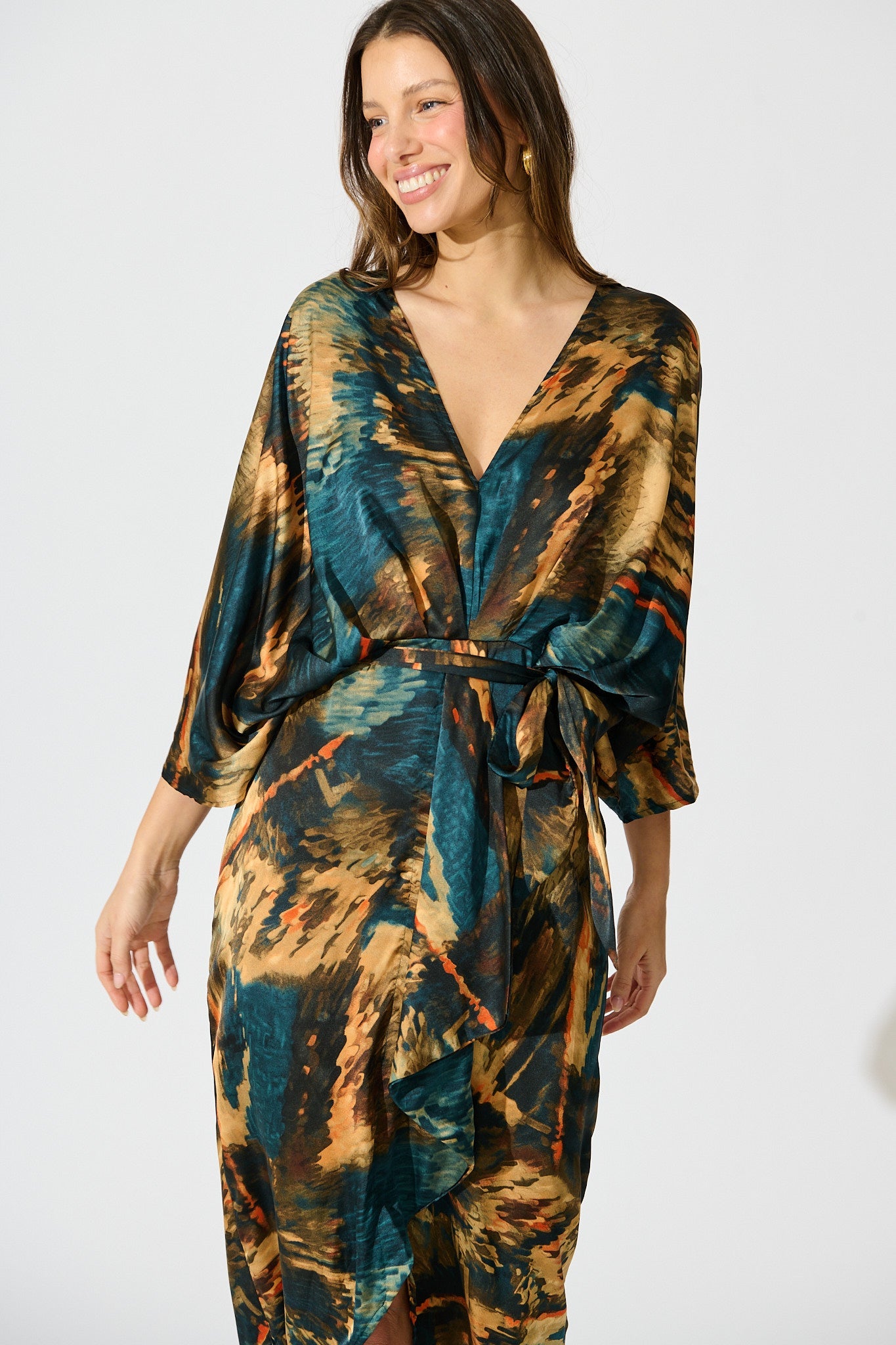 Joyful Midi Dress in Teal Multi Watercolour Satin