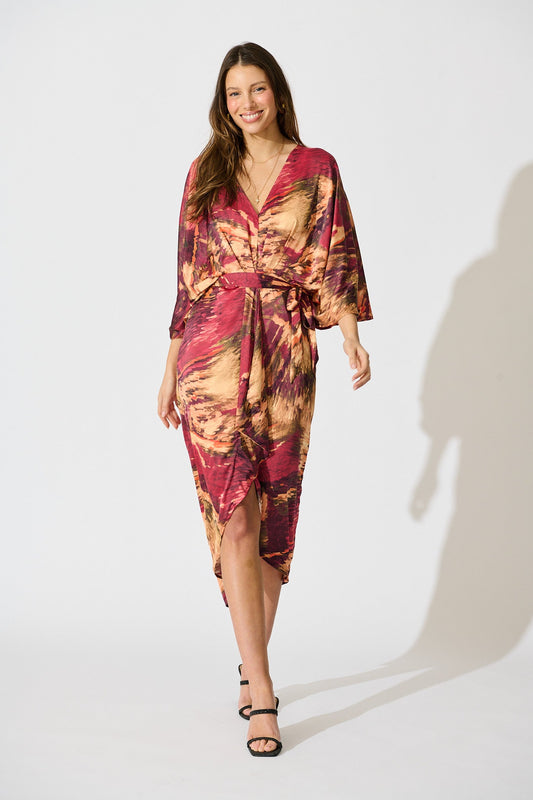 Joyful Midi Dress in Multi Watercolour Satin