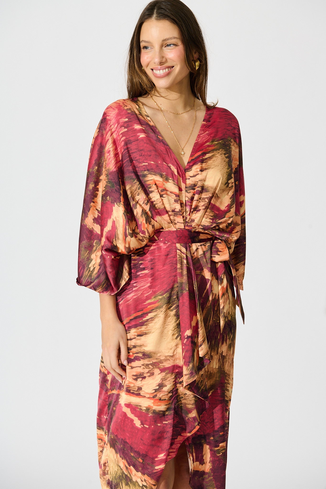 Joyful Midi Dress in Multi Watercolour Satin
