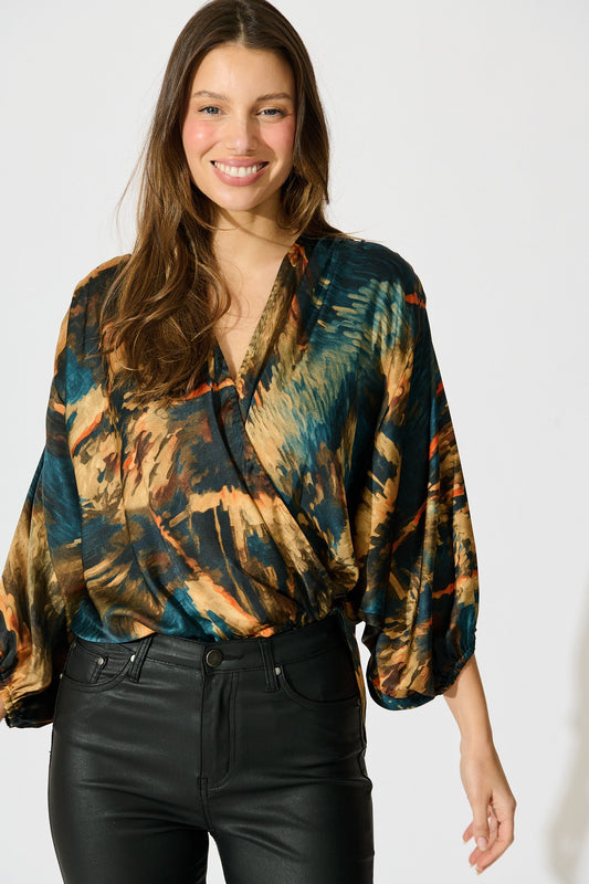 Solita Top in Teal Multi Watercolour Satin