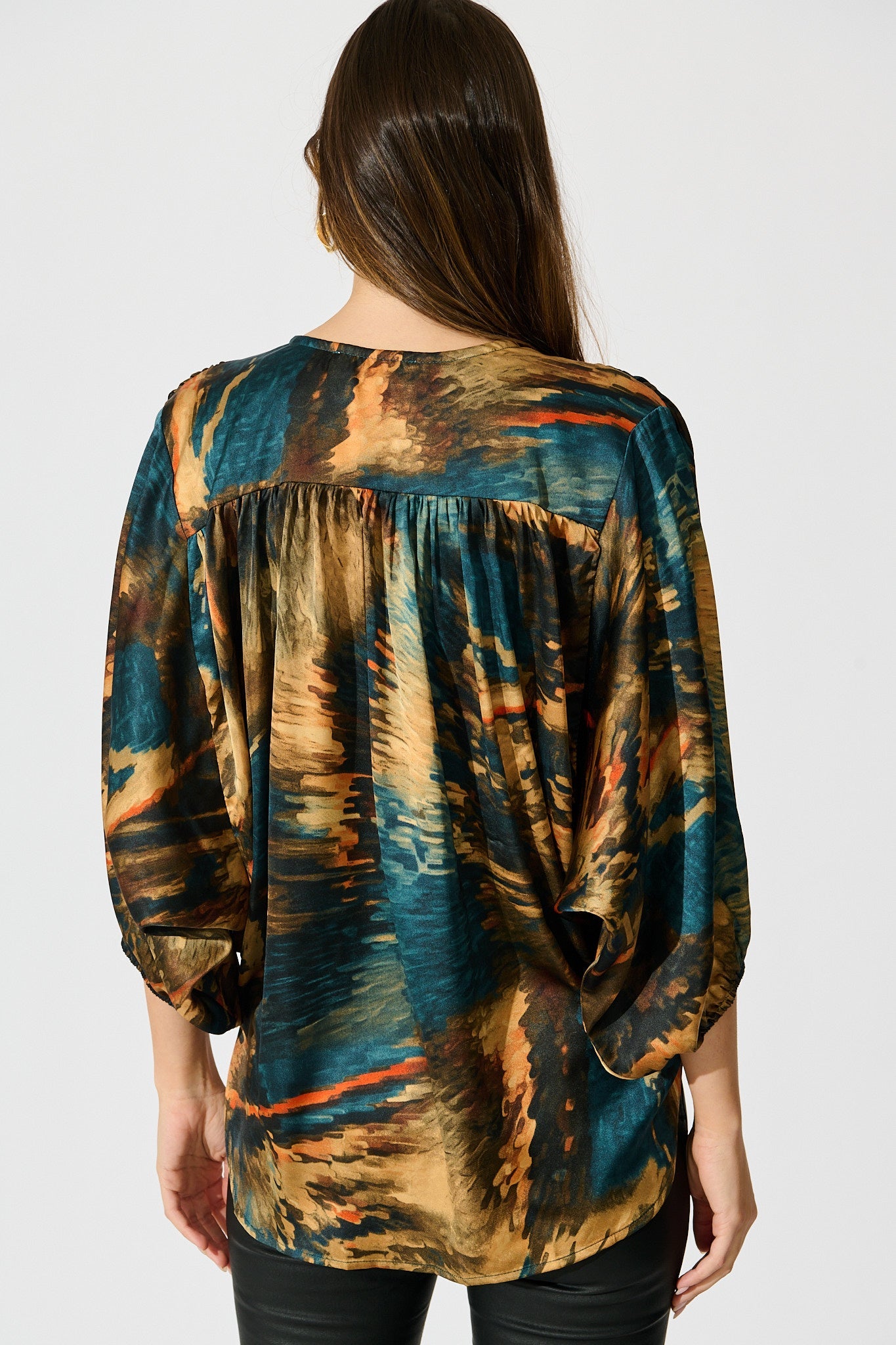 Solita Top in Teal Multi Watercolour Satin