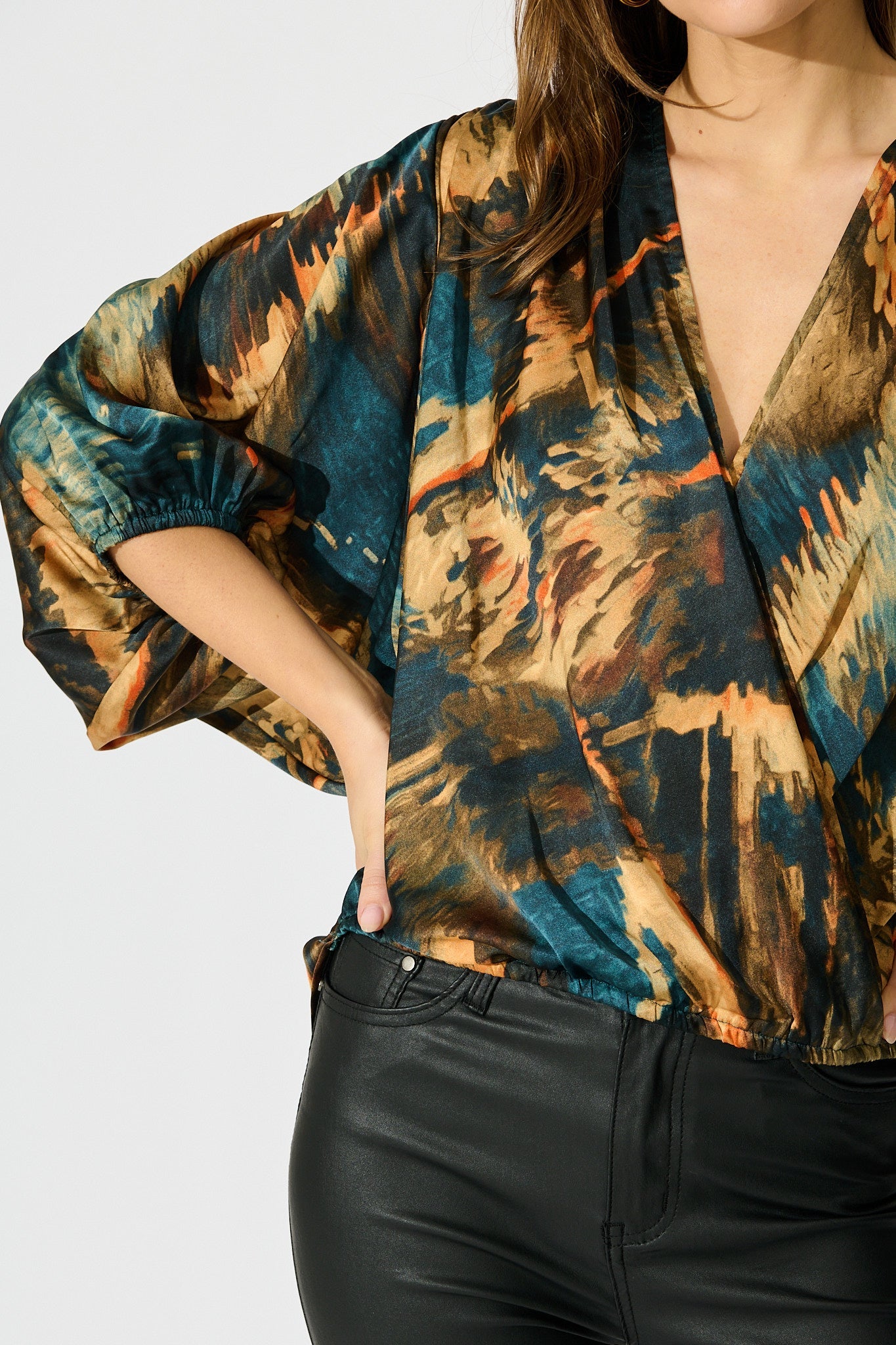 Solita Top in Teal Multi Watercolour Satin