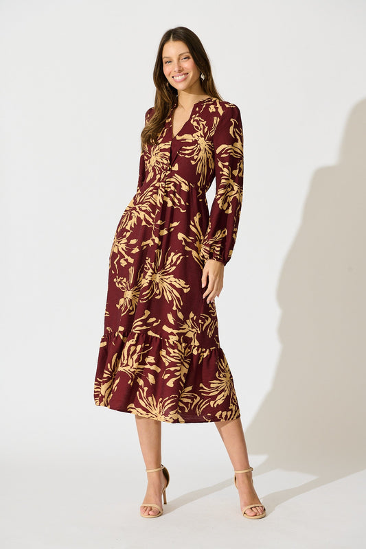Flora Script Maxi Dress in Wine with Cream Print