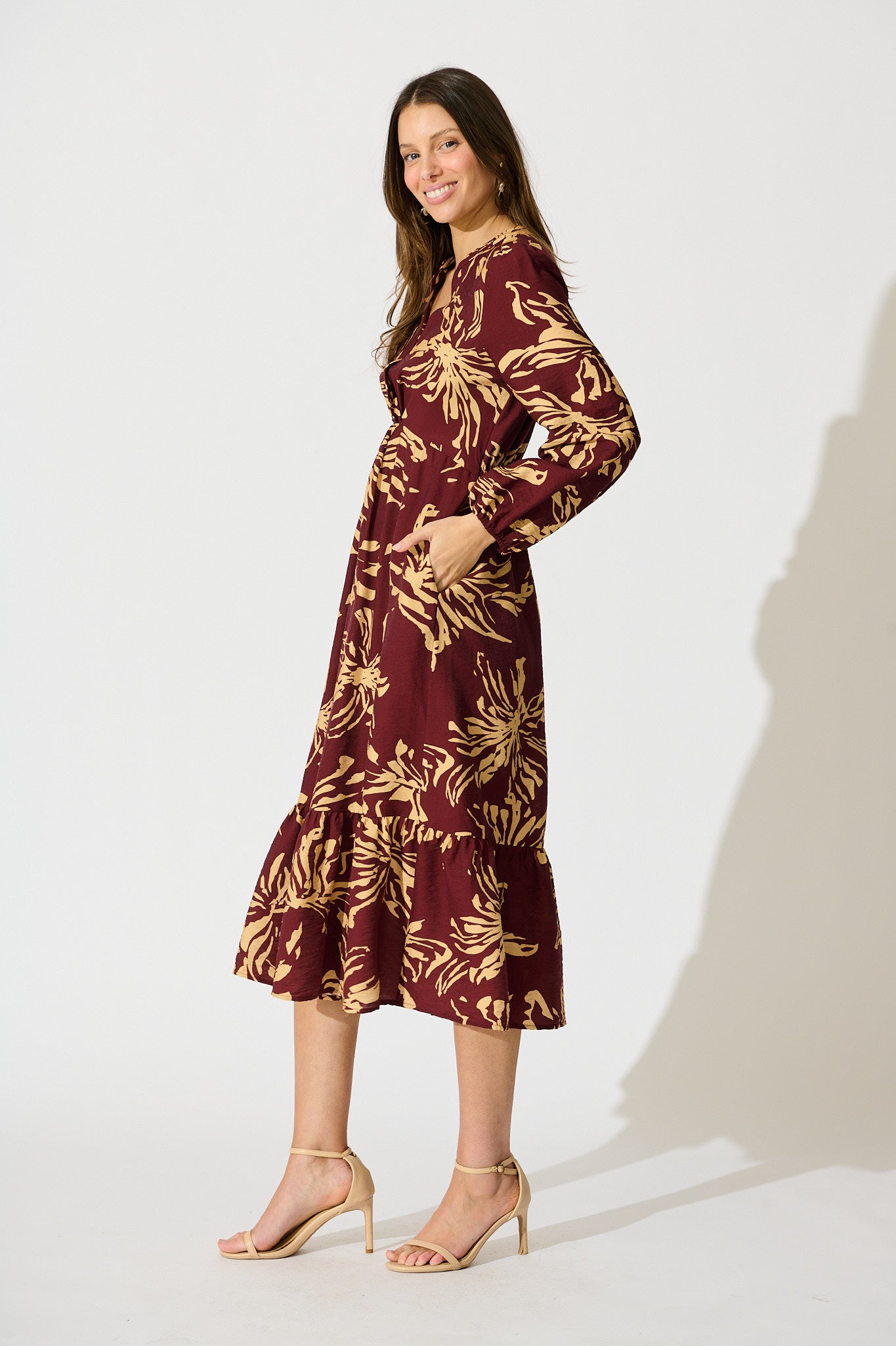 Flora Script Maxi Dress in Wine with Cream Print