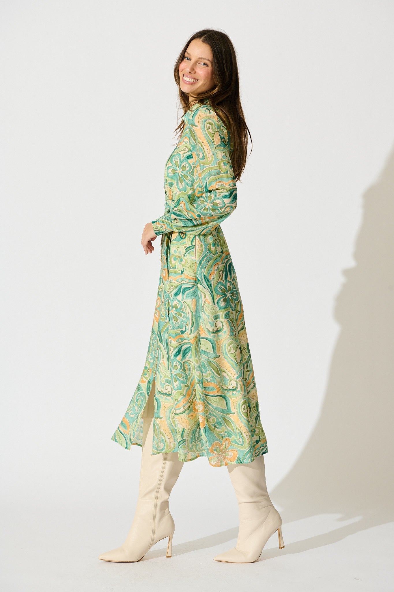 Mystic Mirage Midi Shirt Dress in Multi Green Print