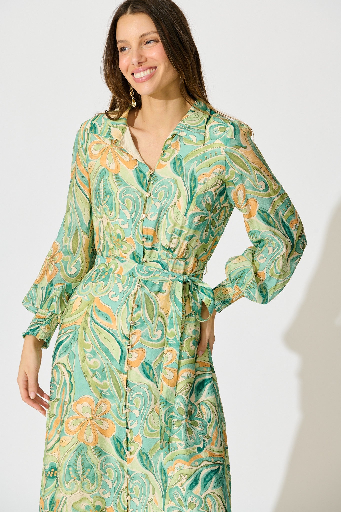 Mystic Mirage Midi Shirt Dress in Multi Green Print