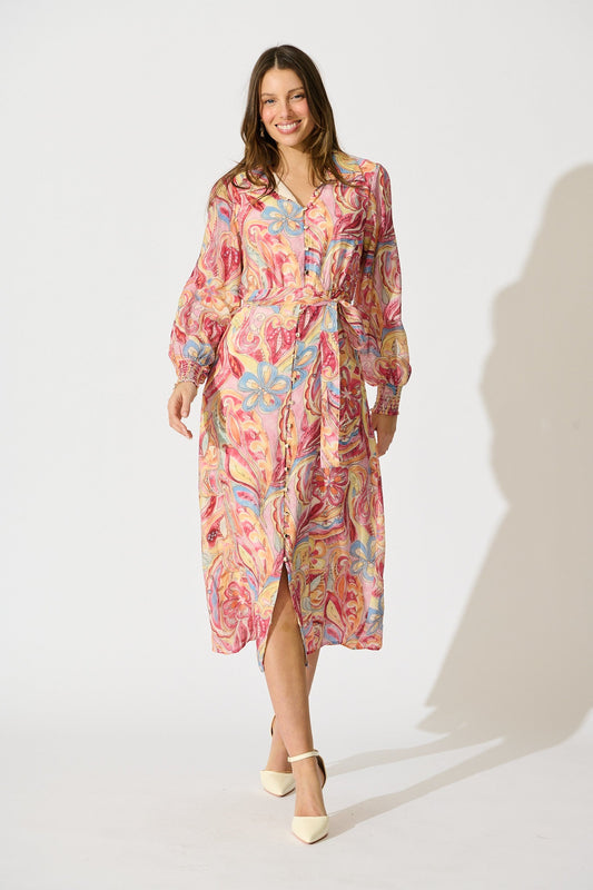 Mystic Mirage Midi Shirt Dress in Multi Pink Print
