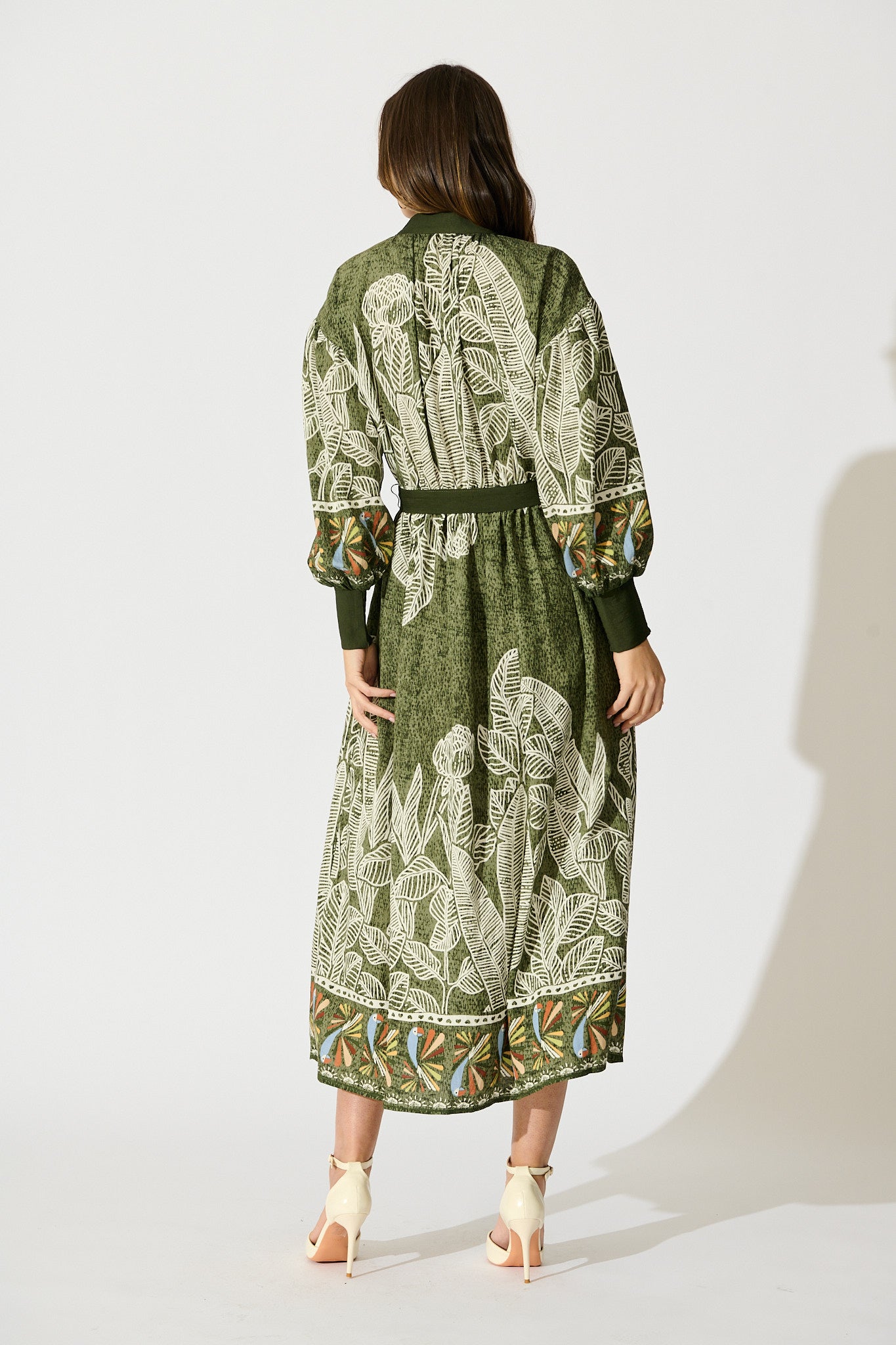 La Palma Maxi Shirt Dress in Green Leaf Border Print