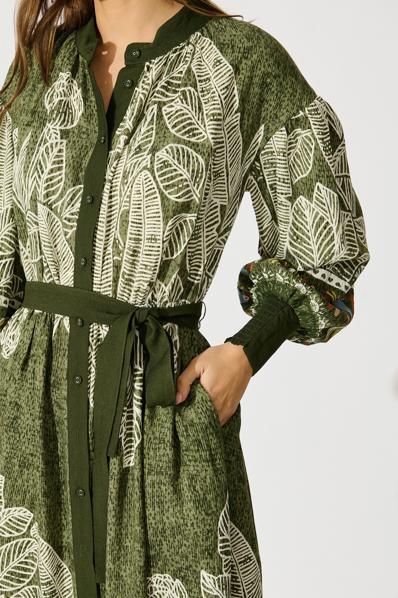 La Palma Maxi Shirt Dress in Green Leaf Border Print