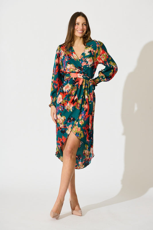 Rosemarie Midi Dress in Emerald with Abstract Print