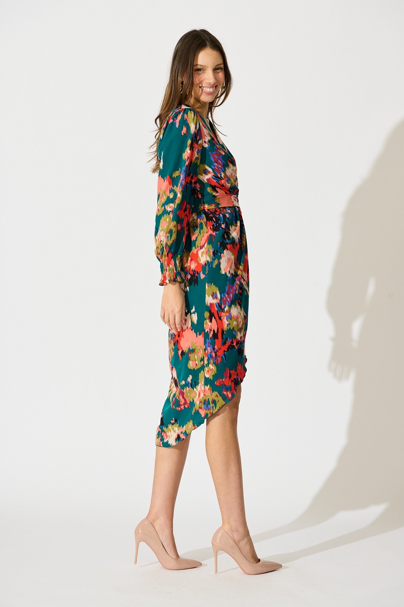 Rosemarie Midi Dress in Emerald with Abstract Print