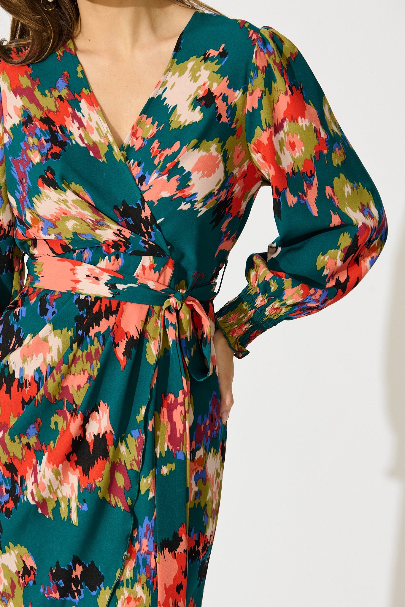 Rosemarie Midi Dress in Emerald with Abstract Print