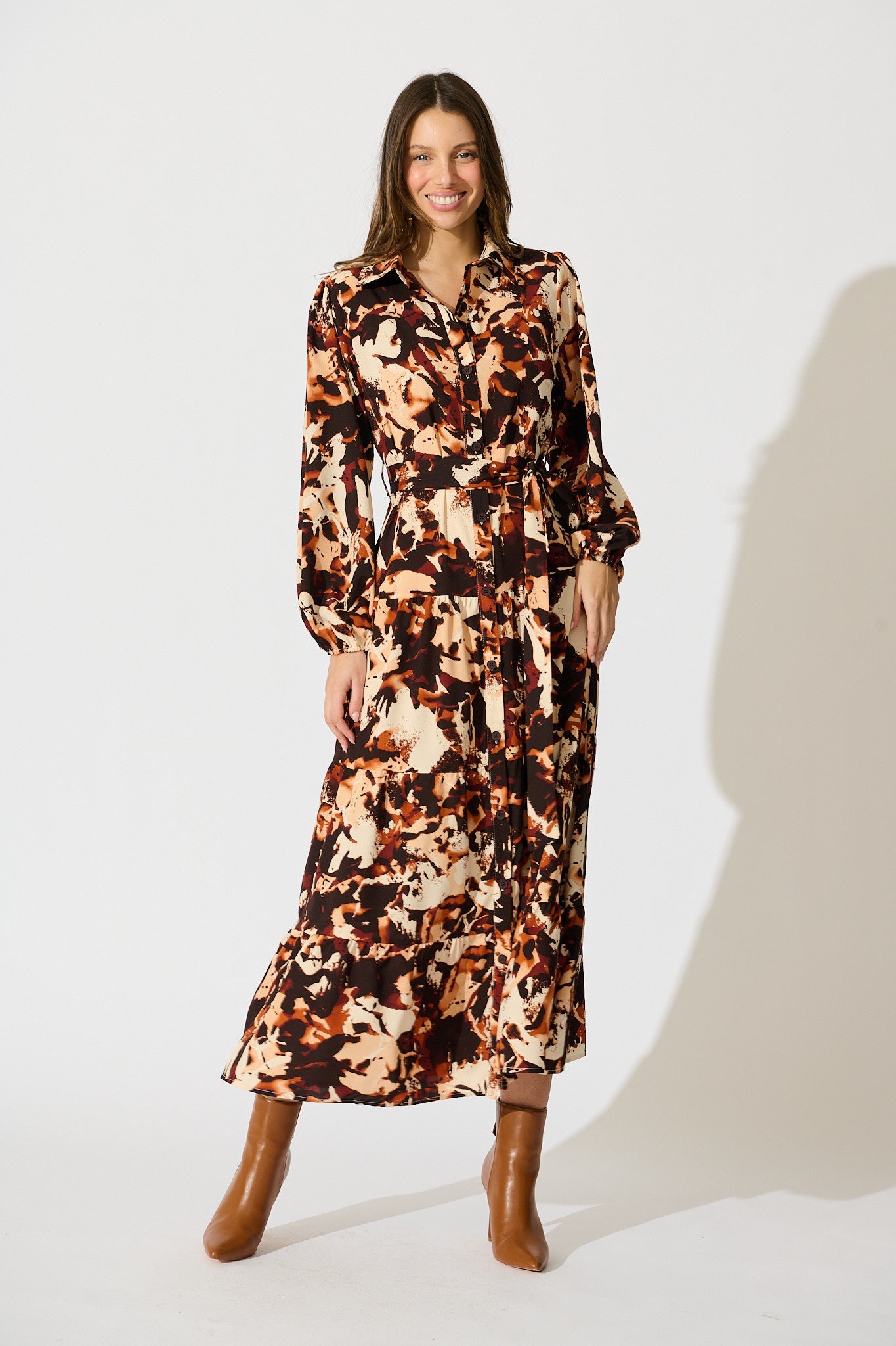 Loop Me Maxi Shirt Dress in Multi Brown Print Satin